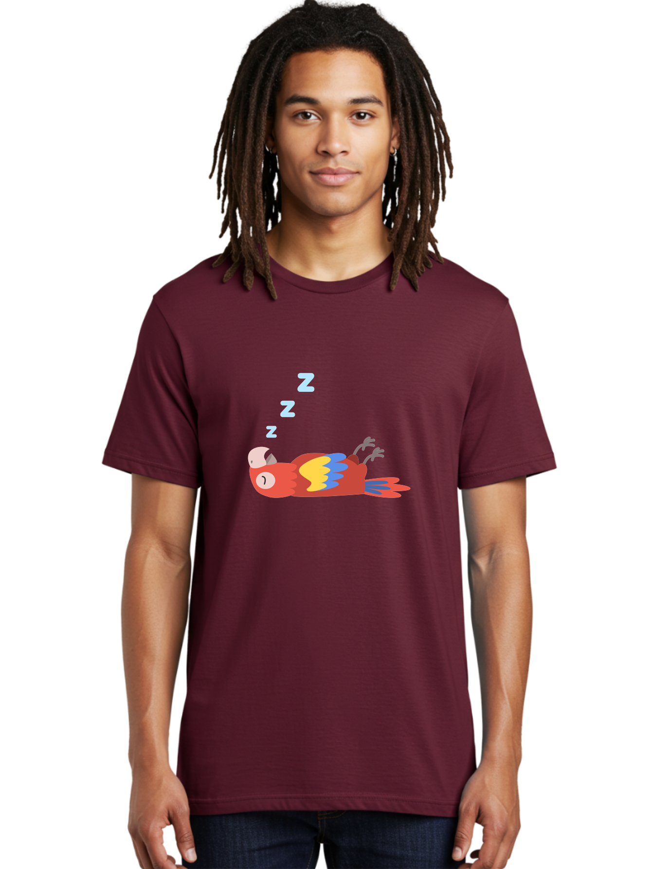 Sleeping-Parrot-1 Men'S Graphic Tee, 100% Cotton, Comfortable Casual Summer Wear, Machine Washable, Sleeping Parrot, Cartoon Bird, Colorful Plumage, Relaxed Atmosphere, Snoozing Animal, Zzz, Dreamy Expression, Vibrant Feathers, Tropical Bird Aab888