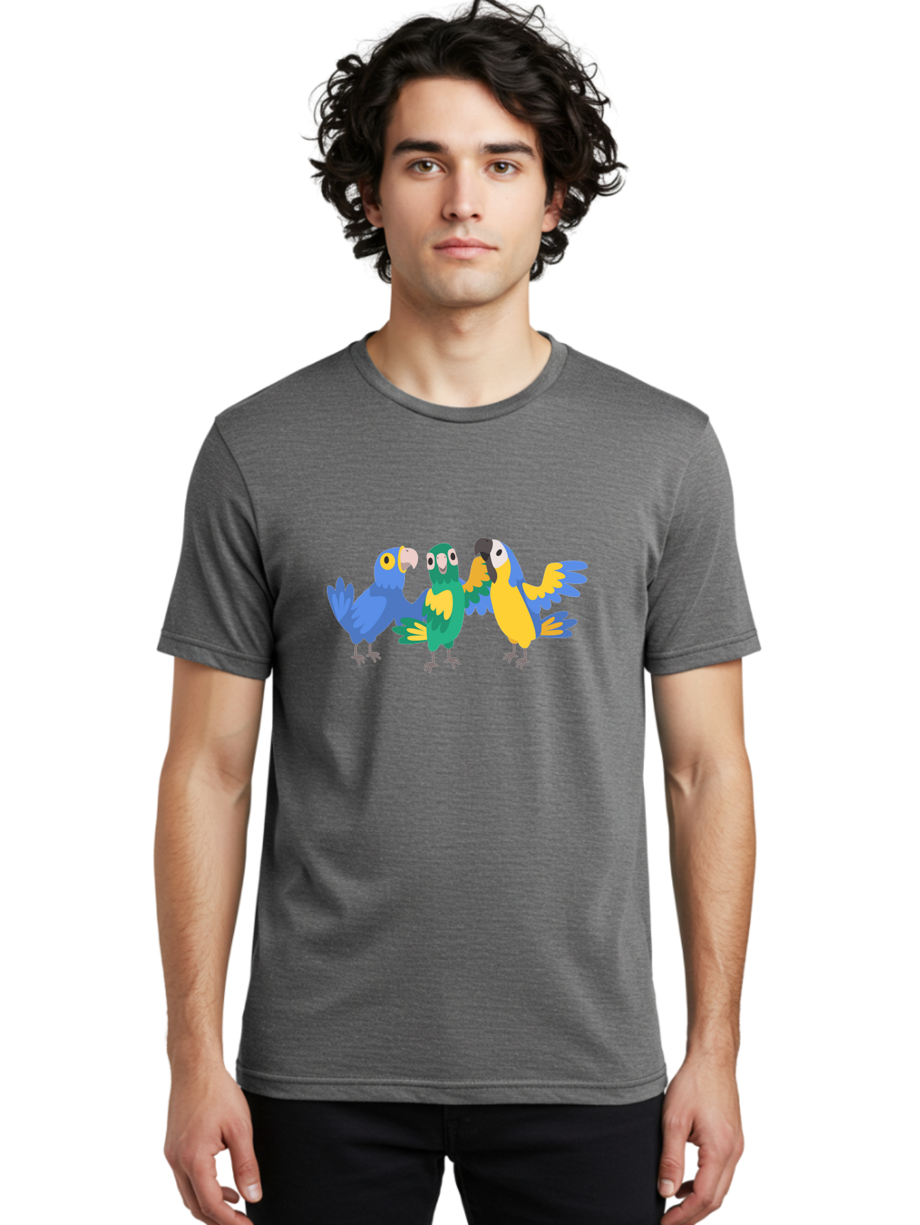 Three-Parrots Men'S Graphic Tee, 100% Cotton, Comfortable Casual Summer Wear, Machine Washable, Colorful Parrots, Vibrant Blue And Yellow Feathers, Playful Birds, Parrot Friends, Tropical Birds, Bird Illustrations, Cartoon Parrots, Aab894