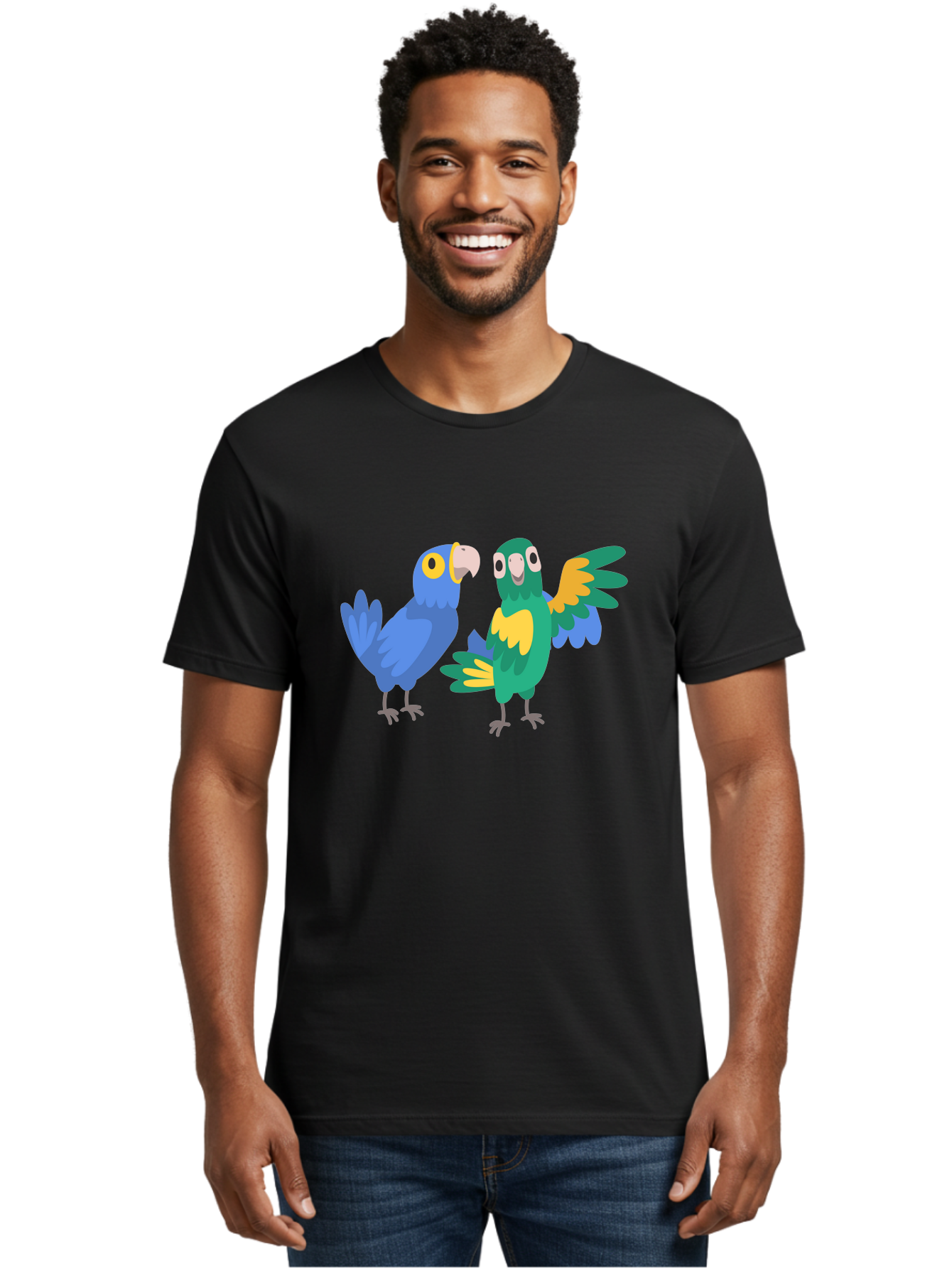 Two-Parrots Men'S Graphic Tee, 100% Cotton, Comfortable Casual Summer Wear, Machine Washable, Cartoon Parrots, Colorful Birds, Vibrant Plumage, Blue Parrot, Green Parrot, Yellow Accents, Playful Birds, Animated Creatures, Parrot Illustration, Aab896