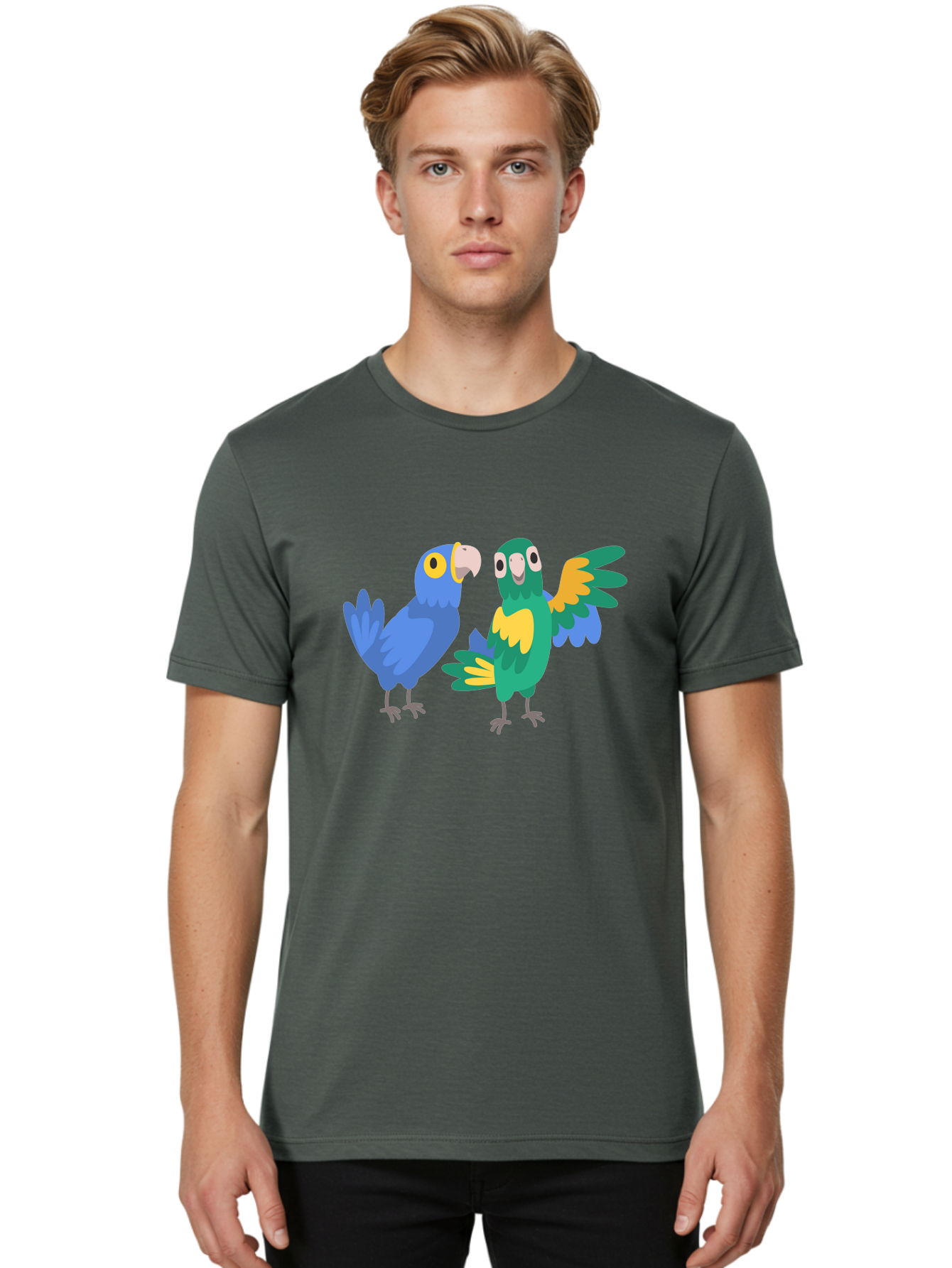 Two-Parrots Men'S Graphic Tee, 100% Cotton, Comfortable Casual Summer Wear, Machine Washable, Cartoon Parrots, Colorful Birds, Vibrant Plumage, Blue Parrot, Green Parrot, Yellow Accents, Playful Birds, Animated Creatures, Parrot Illustration, Aab896