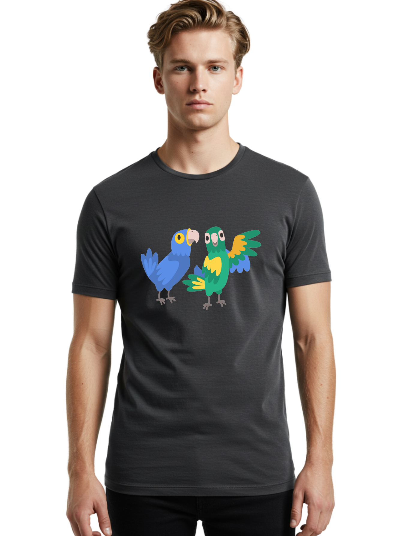 Two-Parrots Men'S Graphic Tee, 100% Cotton, Comfortable Casual Summer Wear, Machine Washable, Cartoon Parrots, Colorful Birds, Vibrant Plumage, Blue Parrot, Green Parrot, Yellow Accents, Playful Birds, Animated Creatures, Parrot Illustration, Aab896