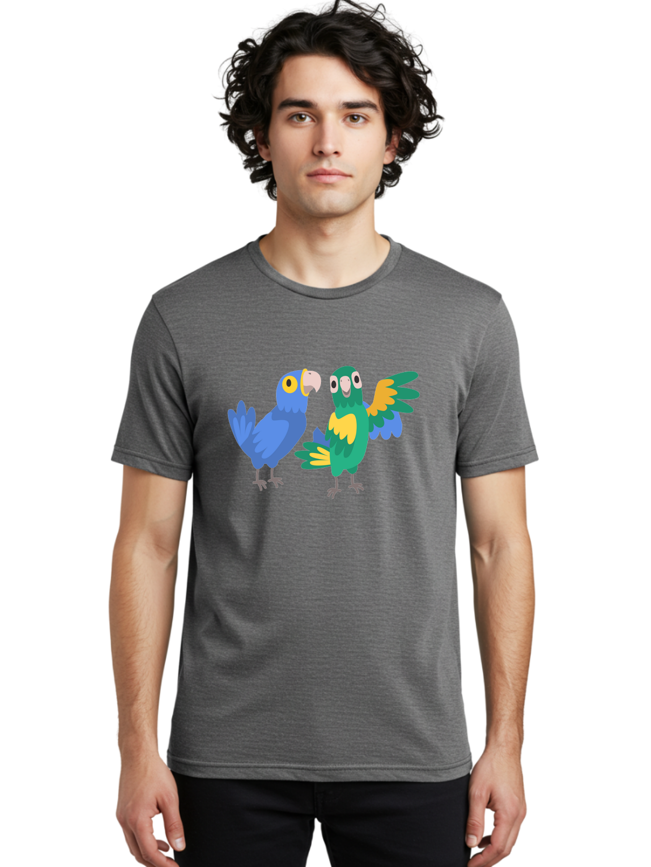 Two-Parrots Men'S Graphic Tee, 100% Cotton, Comfortable Casual Summer Wear, Machine Washable, Cartoon Parrots, Colorful Birds, Vibrant Plumage, Blue Parrot, Green Parrot, Yellow Accents, Playful Birds, Animated Creatures, Parrot Illustration, Aab896
