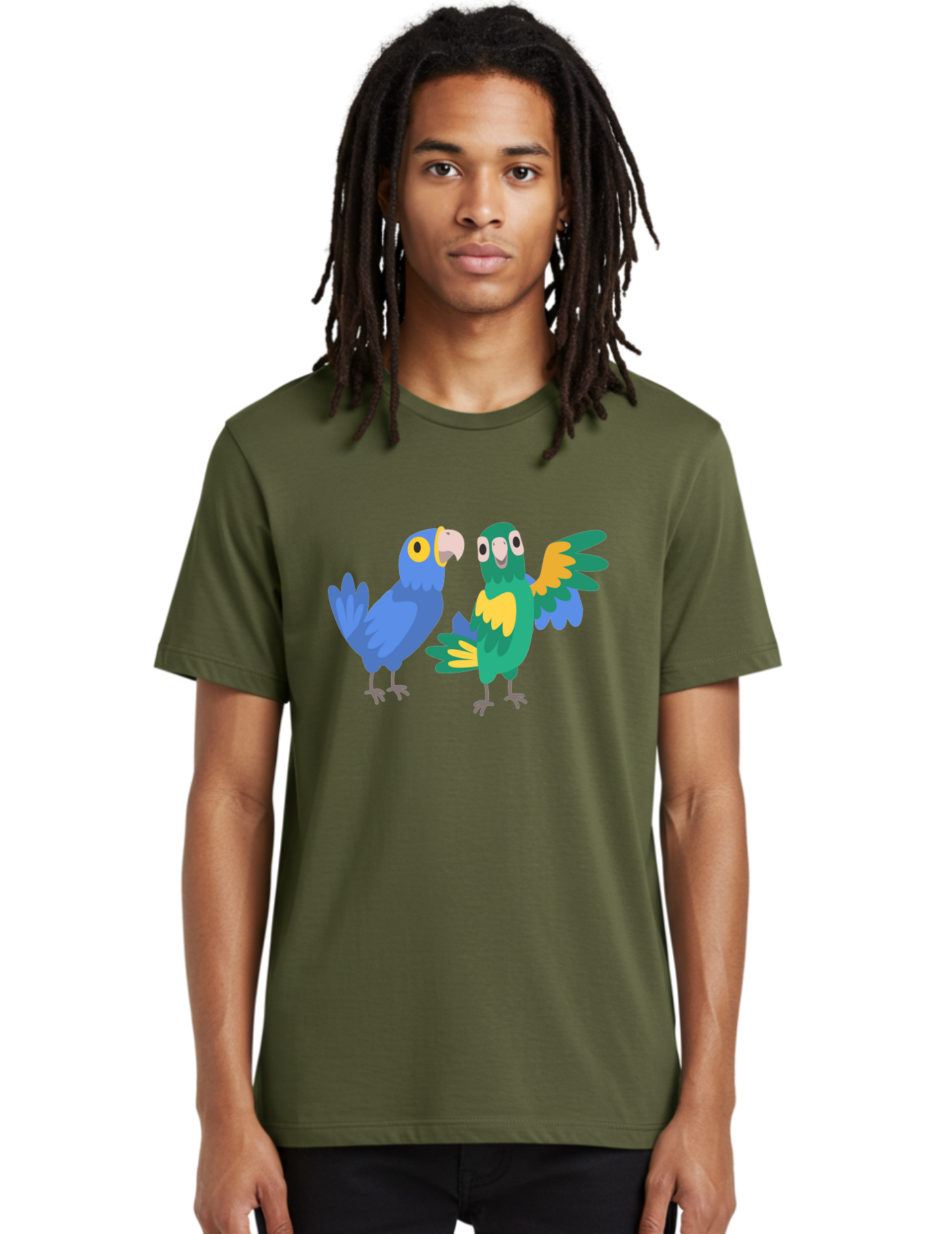 Two-Parrots Men'S Graphic Tee, 100% Cotton, Comfortable Casual Summer Wear, Machine Washable, Cartoon Parrots, Colorful Birds, Vibrant Plumage, Blue Parrot, Green Parrot, Yellow Accents, Playful Birds, Animated Creatures, Parrot Illustration, Aab896