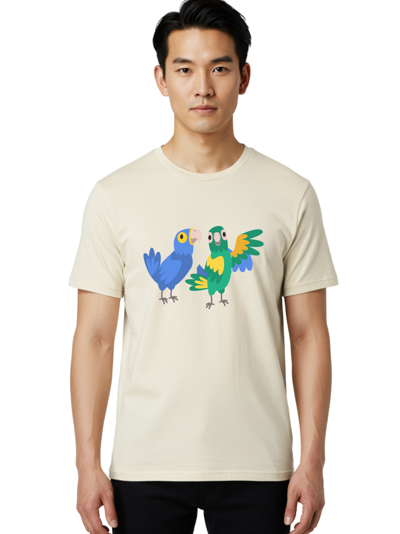 Two-Parrots Men'S Graphic Tee, 100% Cotton, Comfortable Casual Summer Wear, Machine Washable, Cartoon Parrots, Colorful Birds, Vibrant Plumage, Blue Parrot, Green Parrot, Yellow Accents, Playful Birds, Animated Creatures, Parrot Illustration, Aab896