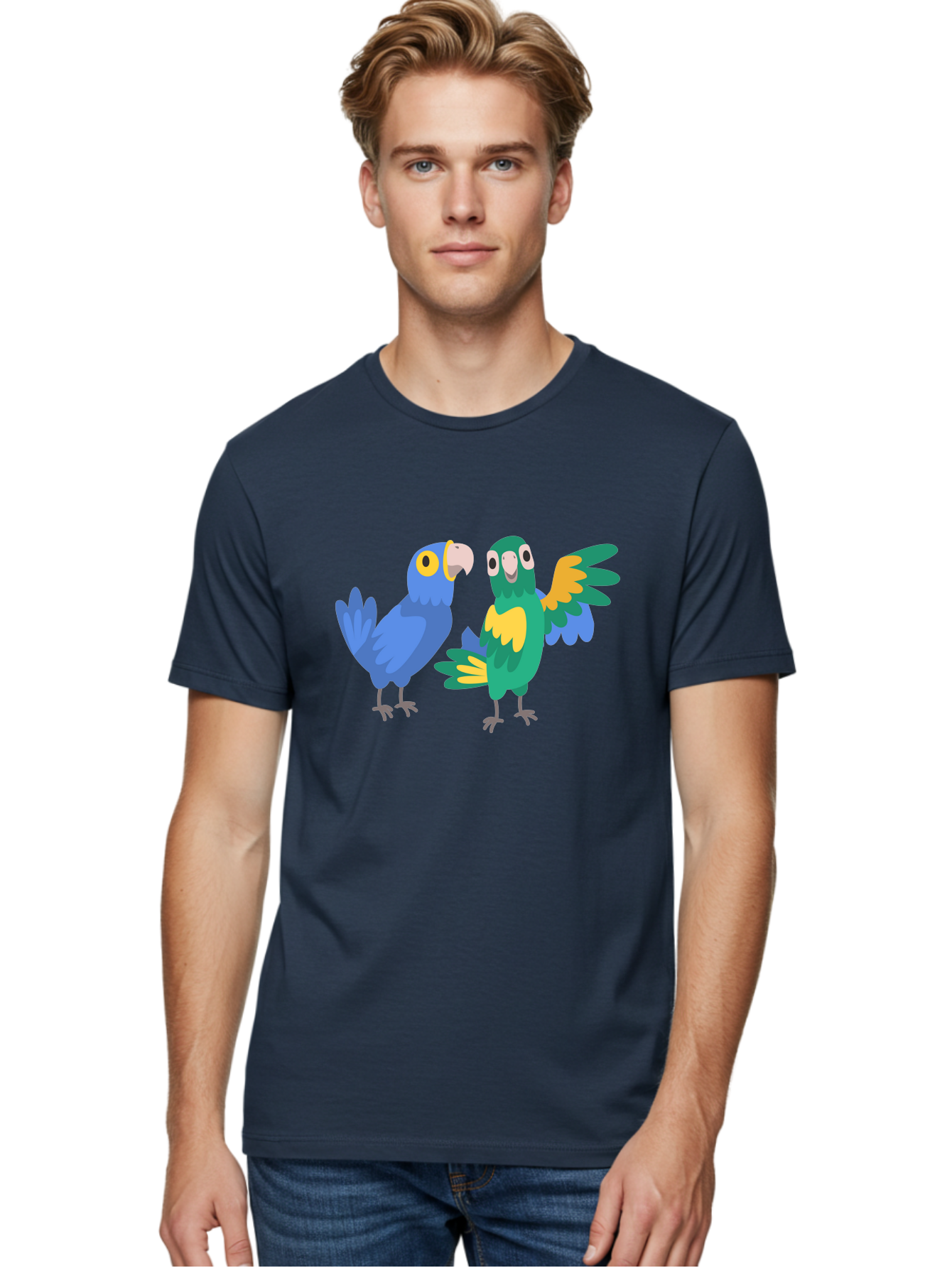Two-Parrots Men'S Graphic Tee, 100% Cotton, Comfortable Casual Summer Wear, Machine Washable, Cartoon Parrots, Colorful Birds, Vibrant Plumage, Blue Parrot, Green Parrot, Yellow Accents, Playful Birds, Animated Creatures, Parrot Illustration, Aab896
