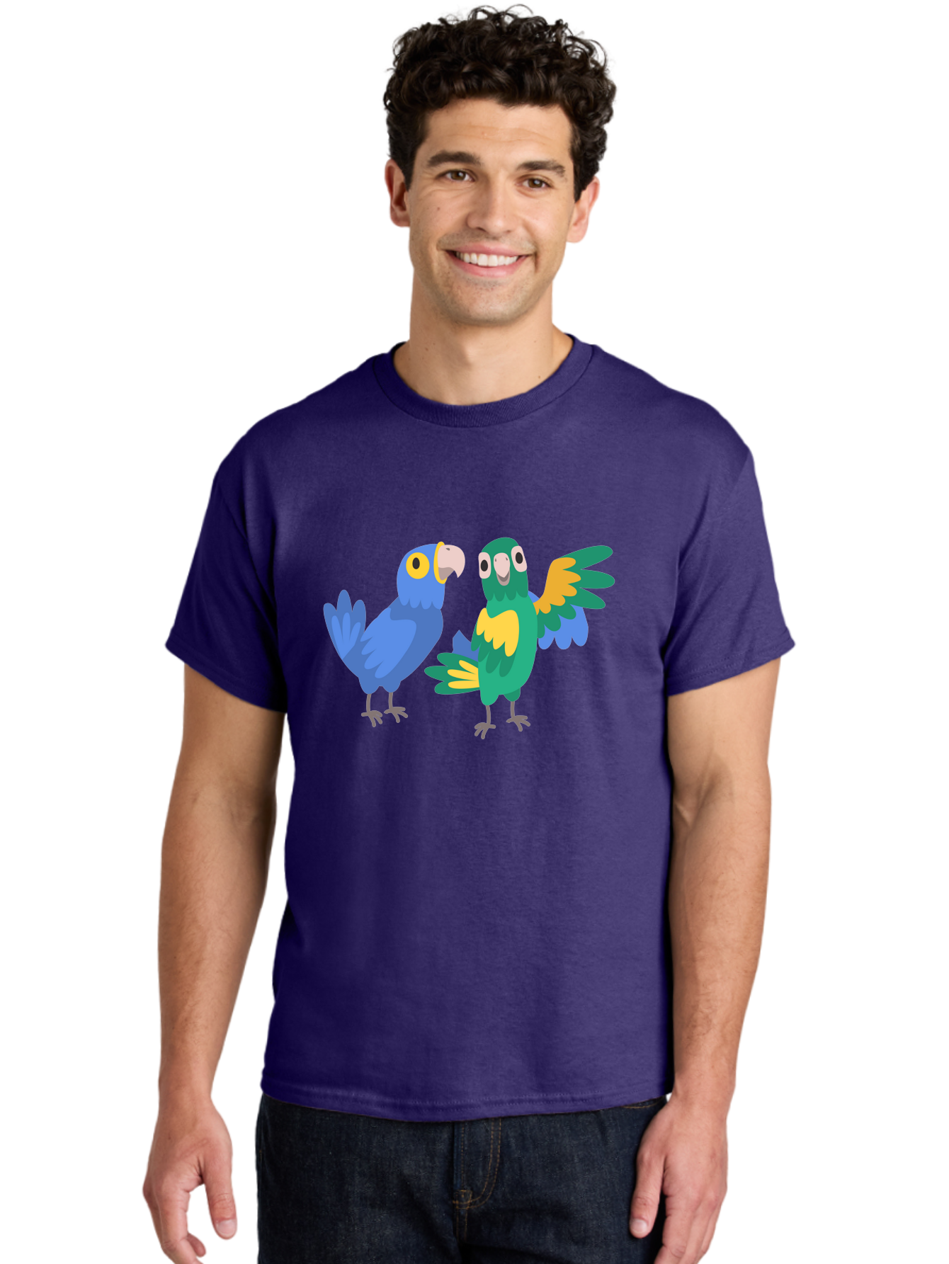 Two-Parrots Men'S Graphic Tee, 100% Cotton, Comfortable Casual Summer Wear, Machine Washable, Cartoon Parrots, Colorful Birds, Vibrant Plumage, Blue Parrot, Green Parrot, Yellow Accents, Playful Birds, Animated Creatures, Parrot Illustration, Aab896