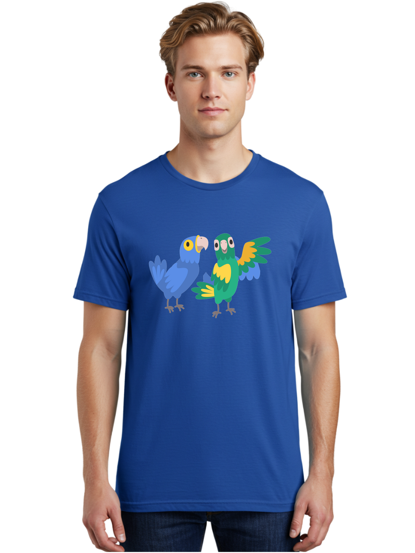 Two-Parrots Men'S Graphic Tee, 100% Cotton, Comfortable Casual Summer Wear, Machine Washable, Cartoon Parrots, Colorful Birds, Vibrant Plumage, Blue Parrot, Green Parrot, Yellow Accents, Playful Birds, Animated Creatures, Parrot Illustration, Aab896