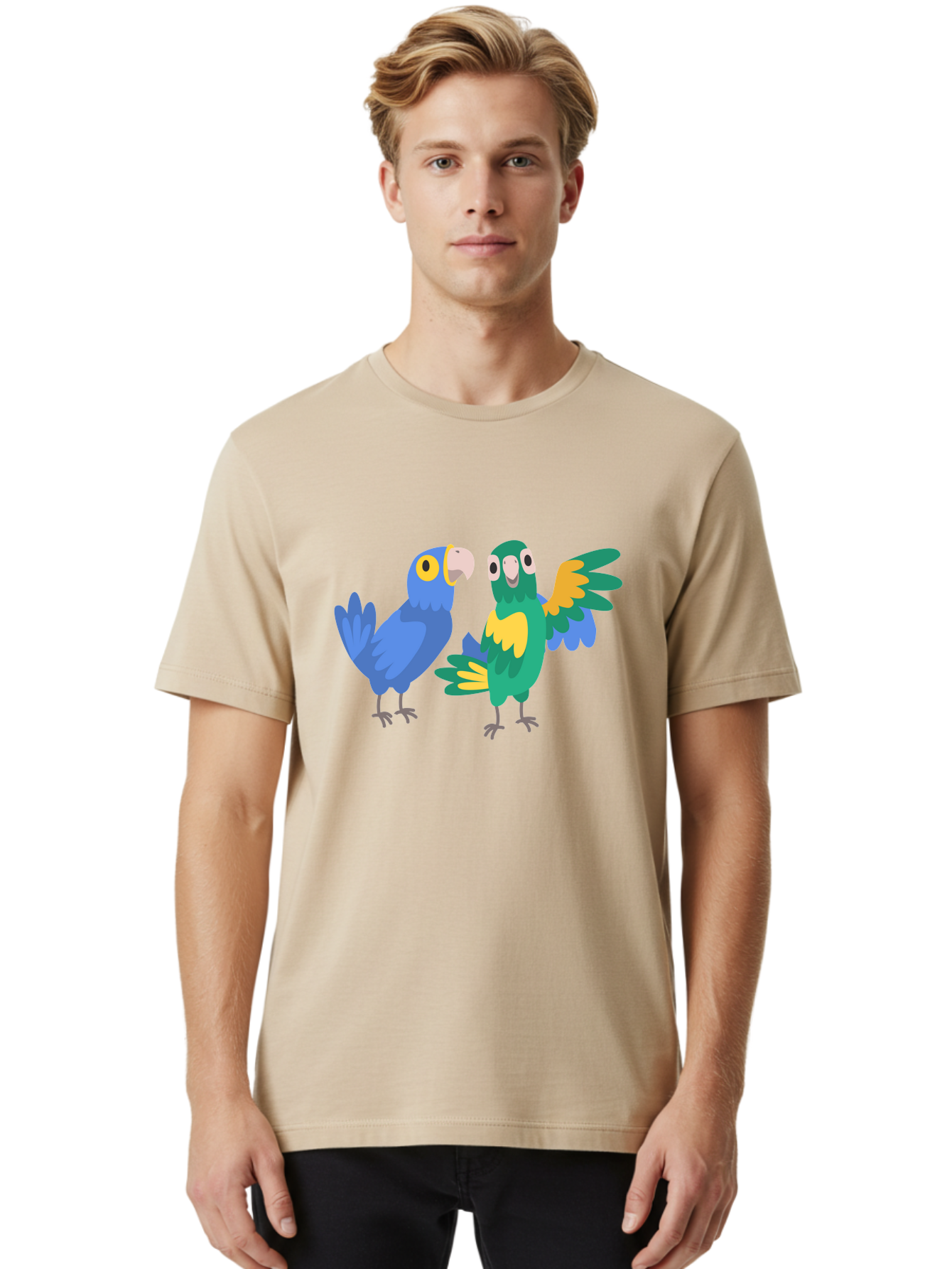 Two-Parrots Men'S Graphic Tee, 100% Cotton, Comfortable Casual Summer Wear, Machine Washable, Cartoon Parrots, Colorful Birds, Vibrant Plumage, Blue Parrot, Green Parrot, Yellow Accents, Playful Birds, Animated Creatures, Parrot Illustration, Aab896