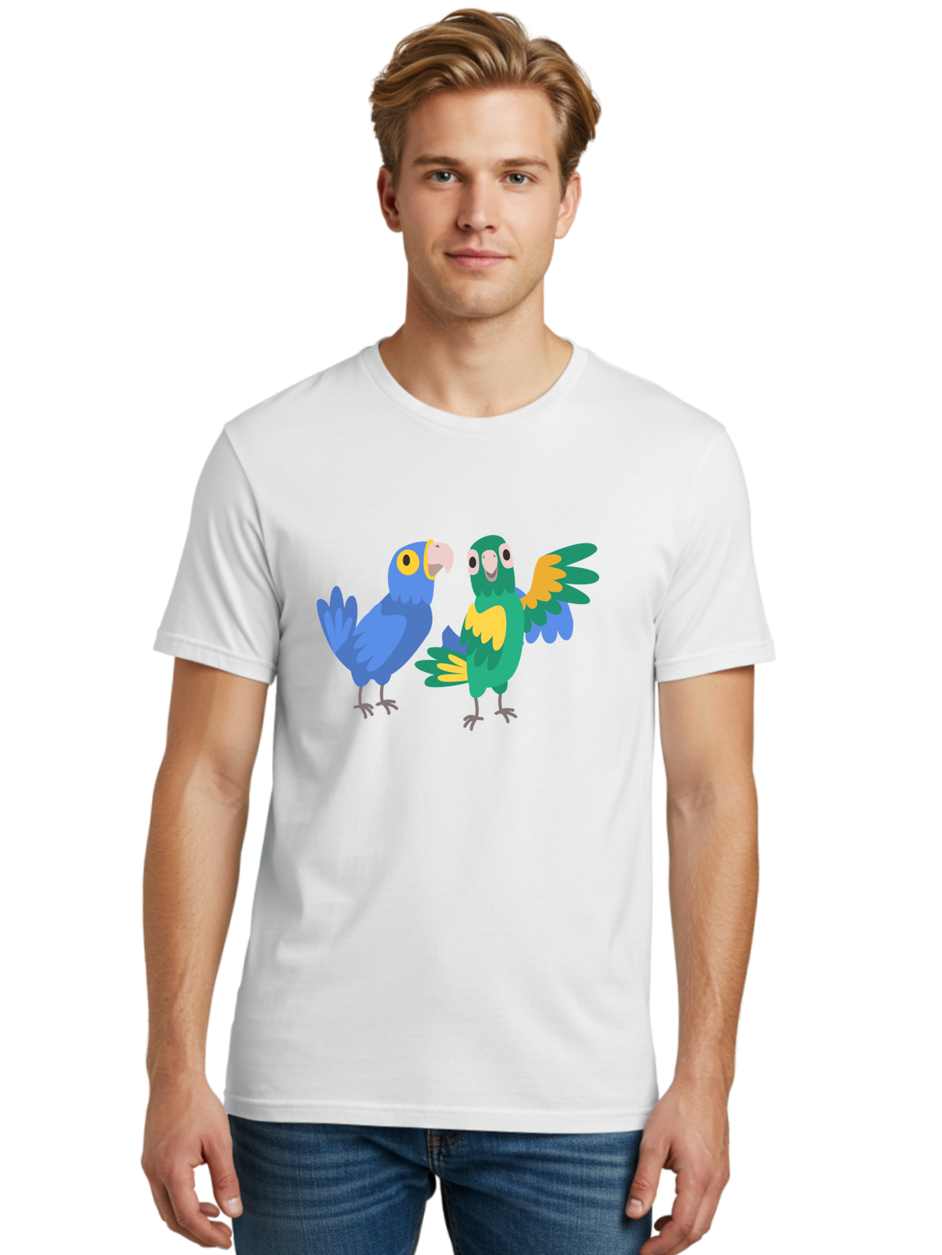 Two-Parrots Men'S Graphic Tee, 100% Cotton, Comfortable Casual Summer Wear, Machine Washable, Cartoon Parrots, Colorful Birds, Vibrant Plumage, Blue Parrot, Green Parrot, Yellow Accents, Playful Birds, Animated Creatures, Parrot Illustration, Aab896