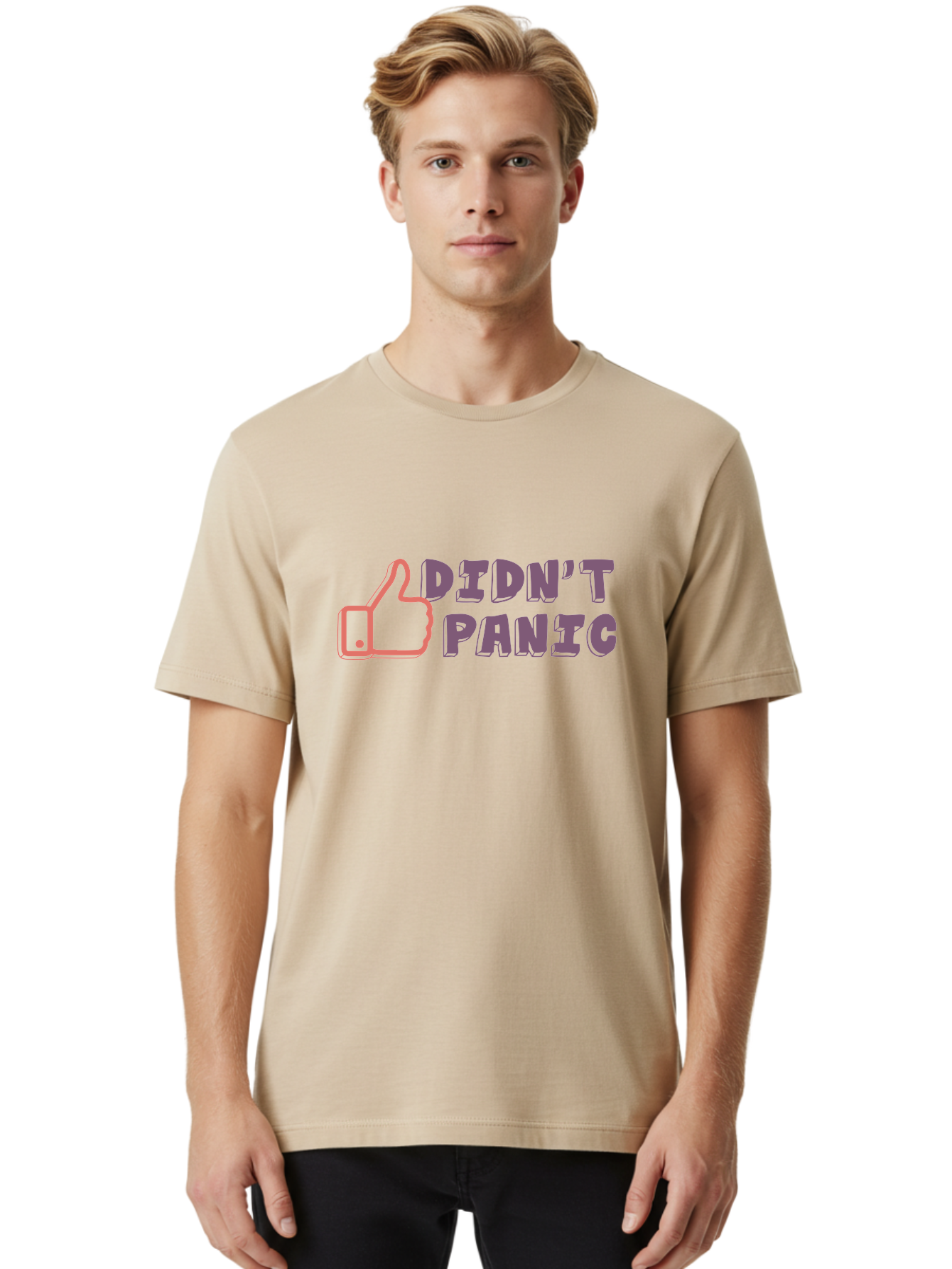 Didn-T-Panic Men'S Graphic Tee, 100% Cotton, Comfortable Casual Summer Wear, Machine Washable, Thumbs Up, Approval, Calmness, Confidence, Positivity, Humor, Parody, Sarcasm, Laid Back Attitude, Relaxed Vibe, Funny Meme Aab898