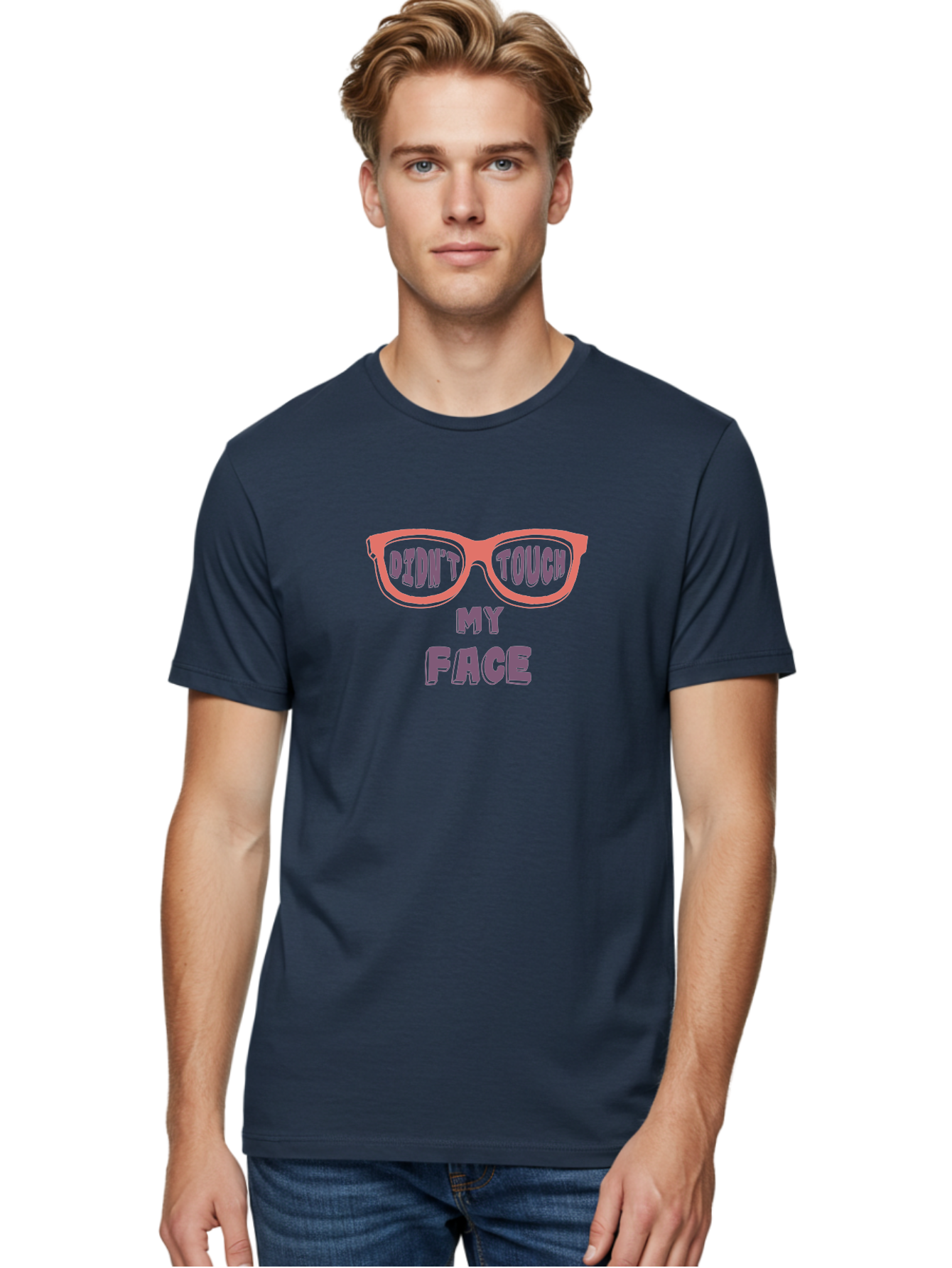 Didn-T-Touch-My-Face Men'S Graphic Tee, 100% Cotton, Comfortable Casual Summer Wear, Machine Washable, Funny Glasses, Quirky Saying, Humorous Design, Pink Glasses, Purple Text, Hygiene Reminder, Viral Meme, Eye-Catching Graphic, Aab900
