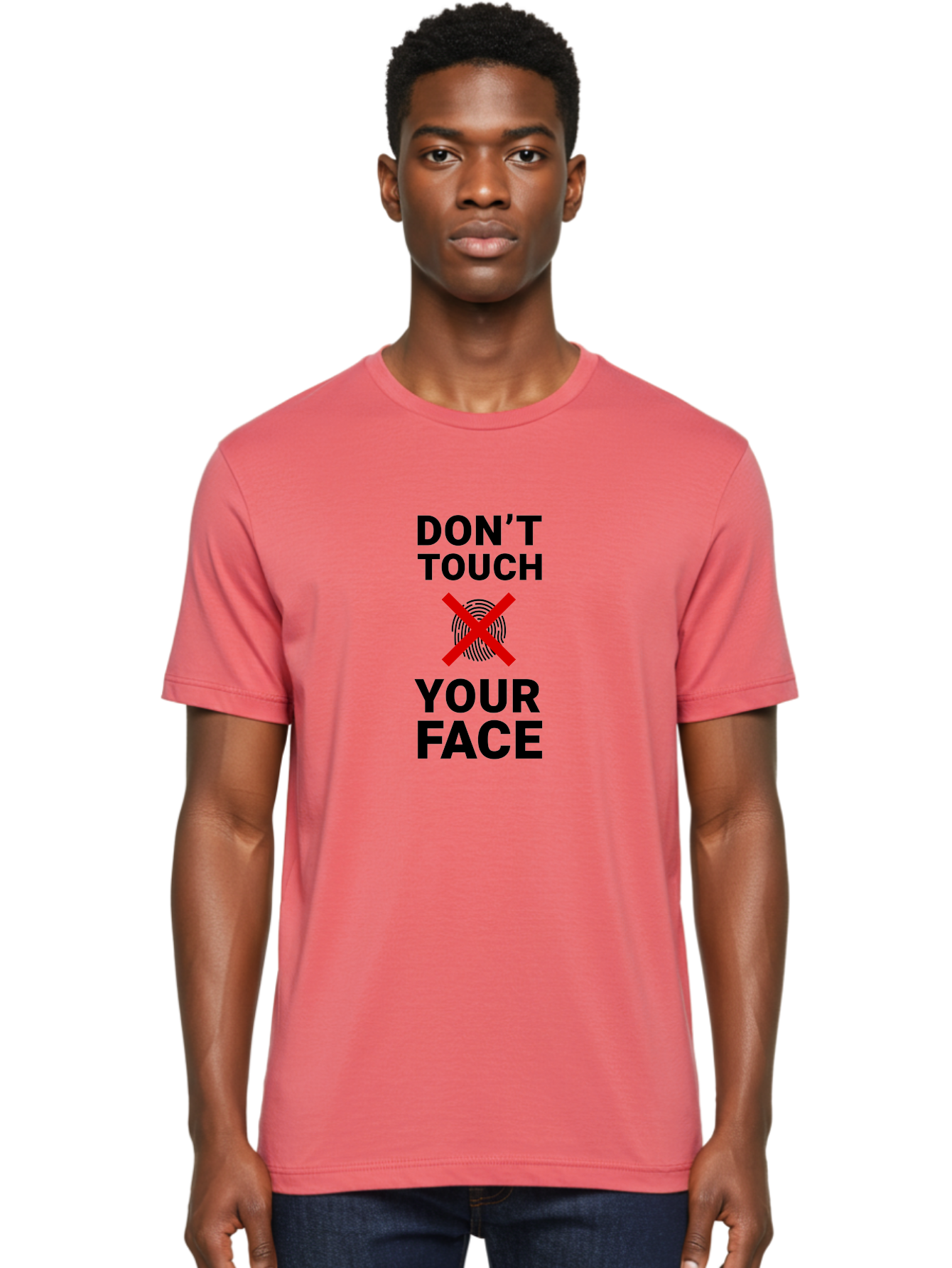 Don-T-Touch-Your-Face Men'S Graphic Tee, 100% Cotton, Comfortable Casual Summer Wear, Machine Washable, Public Health Warning, Hygiene Reminder, Face Touching Prevention, Fingerprint Graphic, Red Cross Symbol, Health Safety Message, Aab901