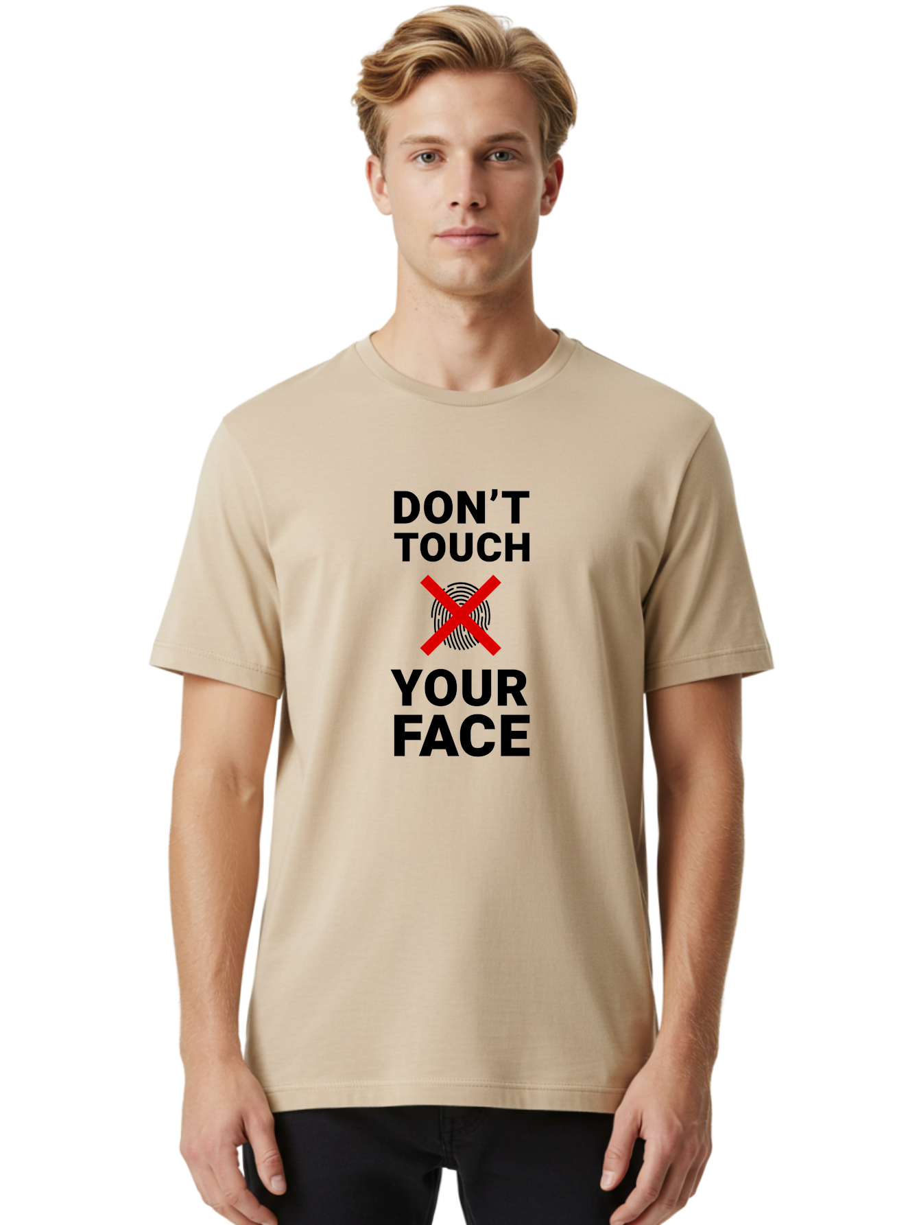 Don-T-Touch-Your-Face Men'S Graphic Tee, 100% Cotton, Comfortable Casual Summer Wear, Machine Washable, Public Health Warning, Hygiene Reminder, Face Touching Prevention, Fingerprint Graphic, Red Cross Symbol, Health Safety Message, Aab901