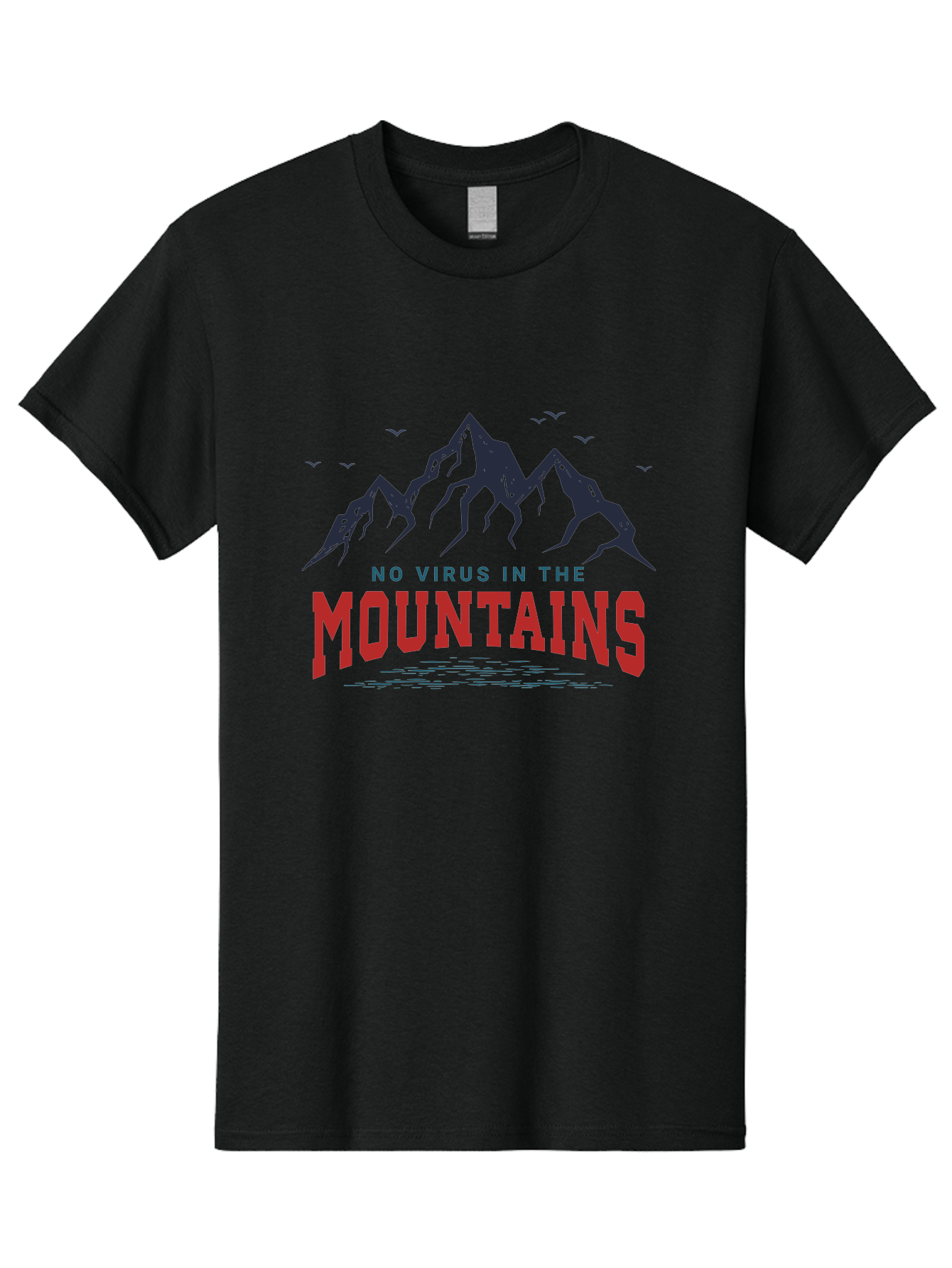 No-Virus-In-The-Mountains Men'S Graphic Tee, 100% Cotton, Comfortable Casual Summer Wear, Machine Washable, Mountain Landscape, Birds Flying, Lake Reflection, Inspiring Quote, Motivational Message, Serene Scenery, Outdoor Adventure, Aab912
