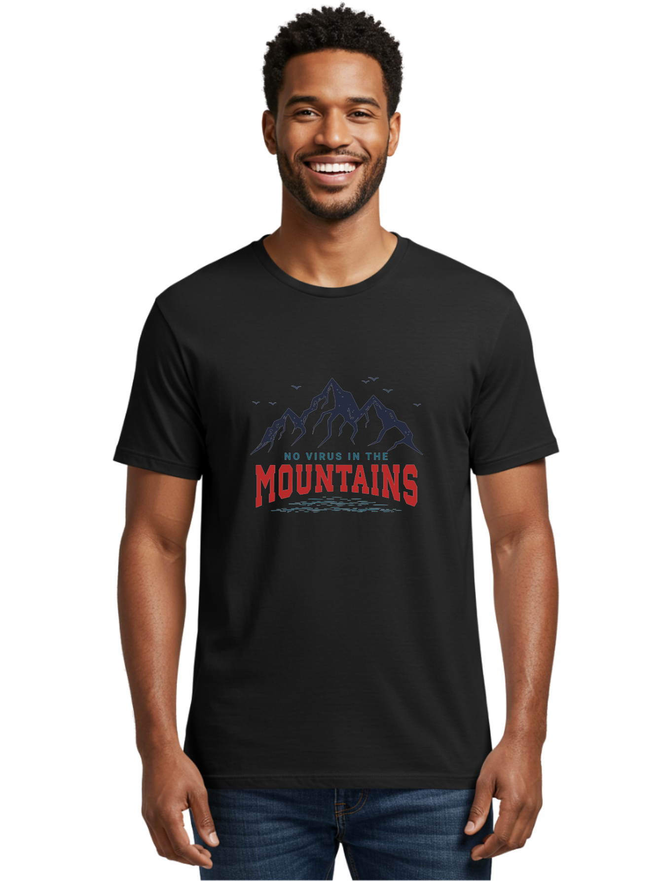 No-Virus-In-The-Mountains Men'S Graphic Tee, 100% Cotton, Comfortable Casual Summer Wear, Machine Washable, Mountain Landscape, Birds Flying, Lake Reflection, Inspiring Quote, Motivational Message, Serene Scenery, Outdoor Adventure, Aab912