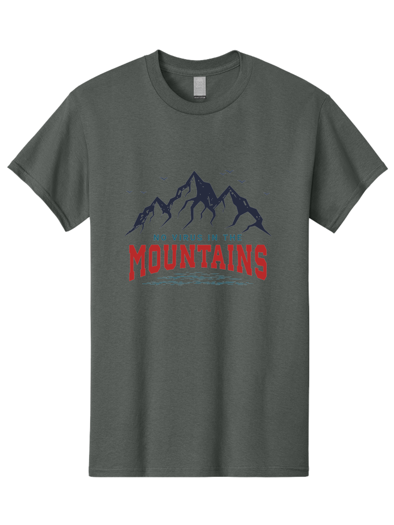 No-Virus-In-The-Mountains Men'S Graphic Tee, 100% Cotton, Comfortable Casual Summer Wear, Machine Washable, Mountain Landscape, Birds Flying, Lake Reflection, Inspiring Quote, Motivational Message, Serene Scenery, Outdoor Adventure, Aab912