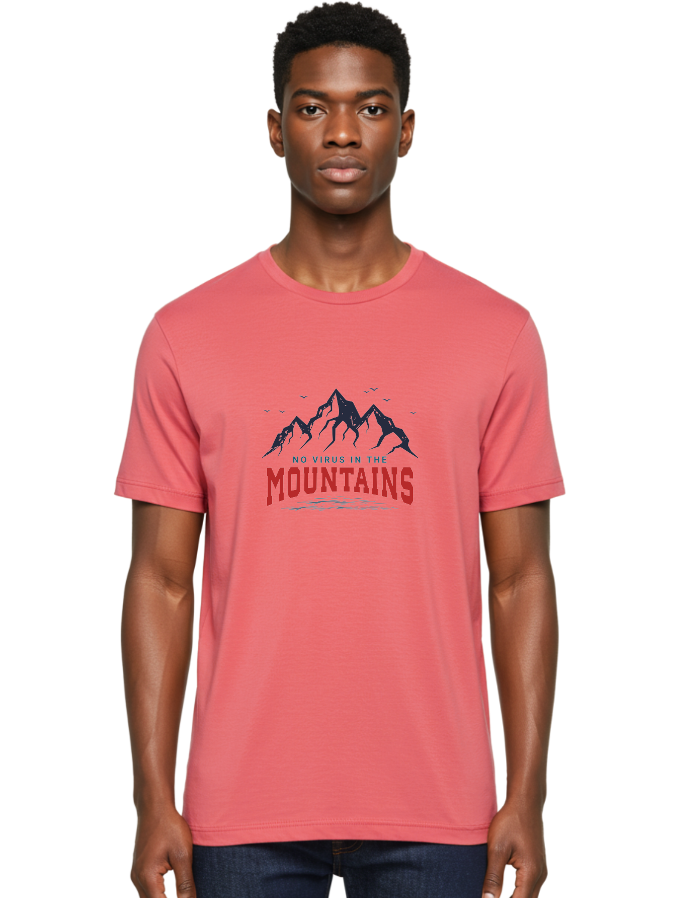 No-Virus-In-The-Mountains Men'S Graphic Tee, 100% Cotton, Comfortable Casual Summer Wear, Machine Washable, Mountain Landscape, Birds Flying, Lake Reflection, Inspiring Quote, Motivational Message, Serene Scenery, Outdoor Adventure, Aab912