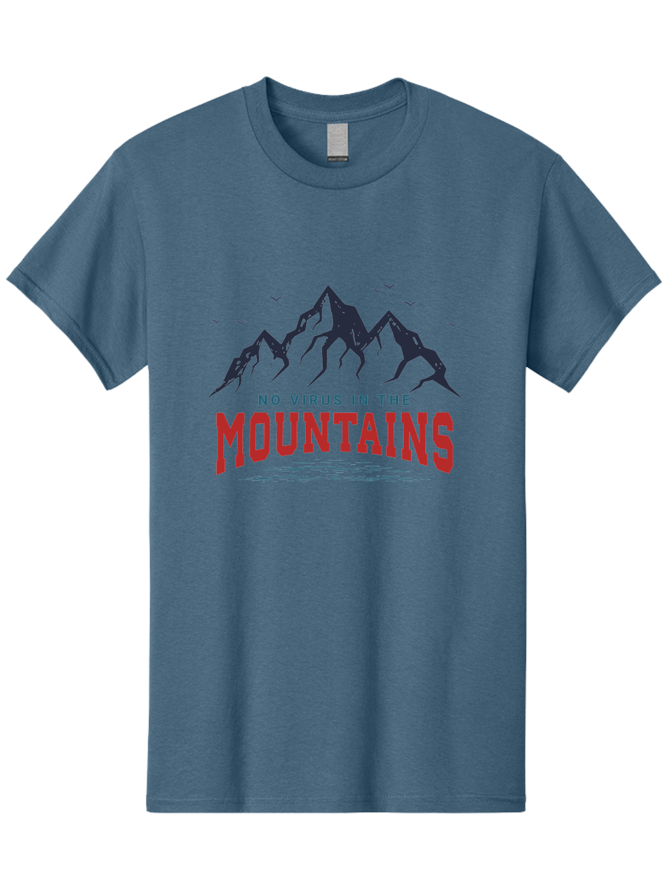 No-Virus-In-The-Mountains Men'S Graphic Tee, 100% Cotton, Comfortable Casual Summer Wear, Machine Washable, Mountain Landscape, Birds Flying, Lake Reflection, Inspiring Quote, Motivational Message, Serene Scenery, Outdoor Adventure, Aab912