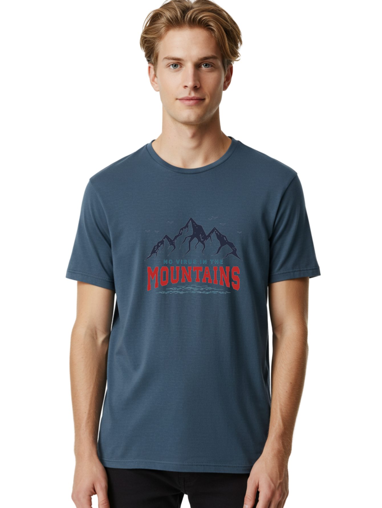 No-Virus-In-The-Mountains Men'S Graphic Tee, 100% Cotton, Comfortable Casual Summer Wear, Machine Washable, Mountain Landscape, Birds Flying, Lake Reflection, Inspiring Quote, Motivational Message, Serene Scenery, Outdoor Adventure, Aab912