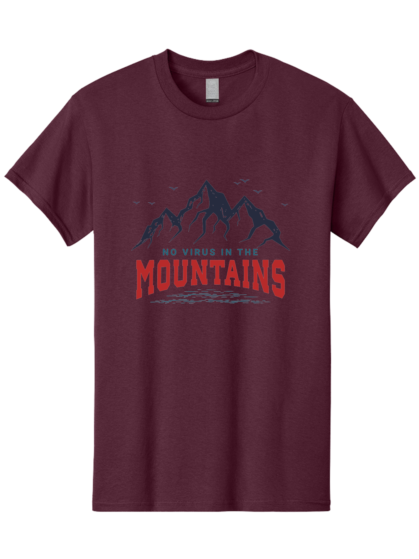 No-Virus-In-The-Mountains Men'S Graphic Tee, 100% Cotton, Comfortable Casual Summer Wear, Machine Washable, Mountain Landscape, Birds Flying, Lake Reflection, Inspiring Quote, Motivational Message, Serene Scenery, Outdoor Adventure, Aab912