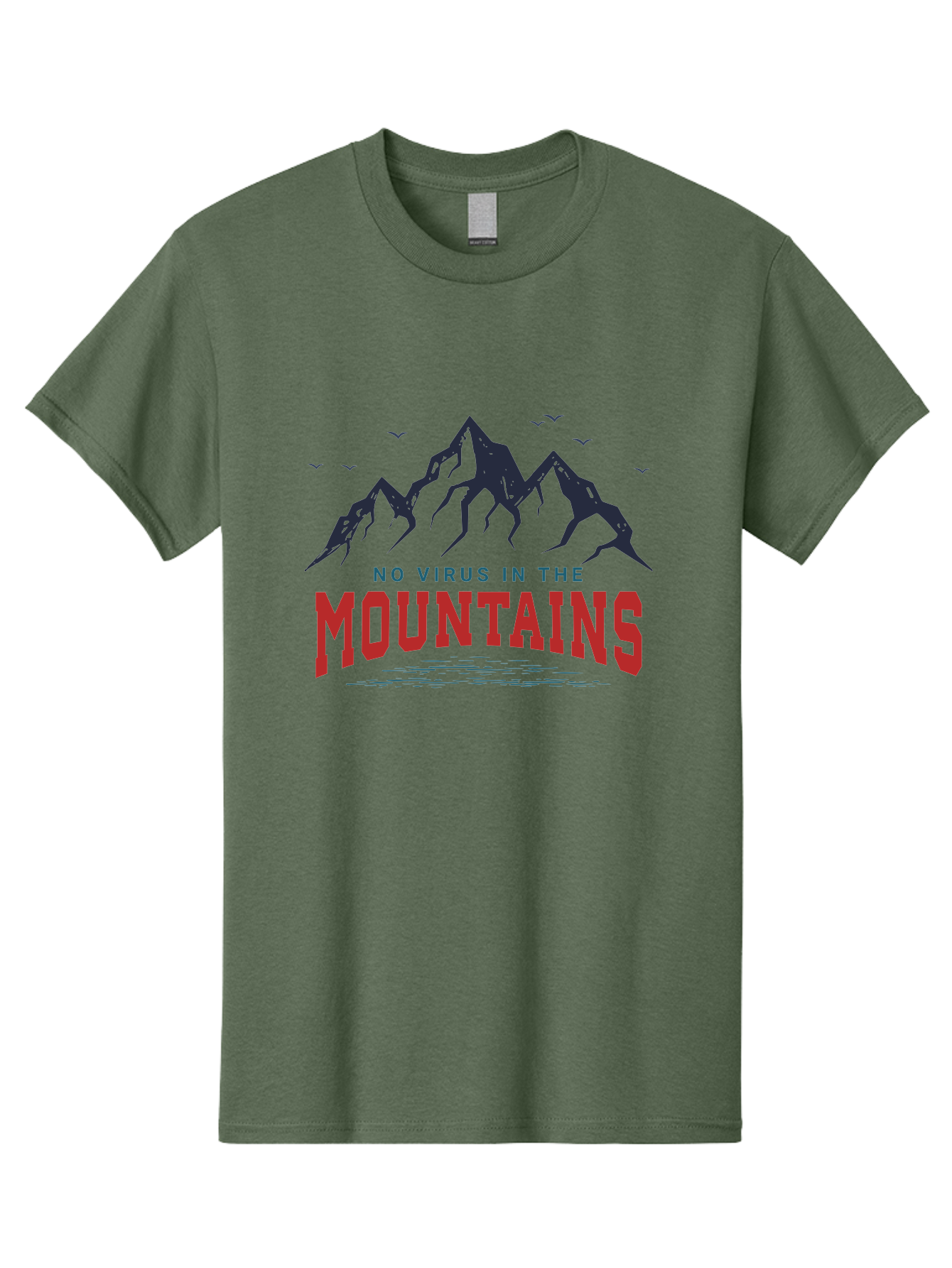 No-Virus-In-The-Mountains Men'S Graphic Tee, 100% Cotton, Comfortable Casual Summer Wear, Machine Washable, Mountain Landscape, Birds Flying, Lake Reflection, Inspiring Quote, Motivational Message, Serene Scenery, Outdoor Adventure, Aab912