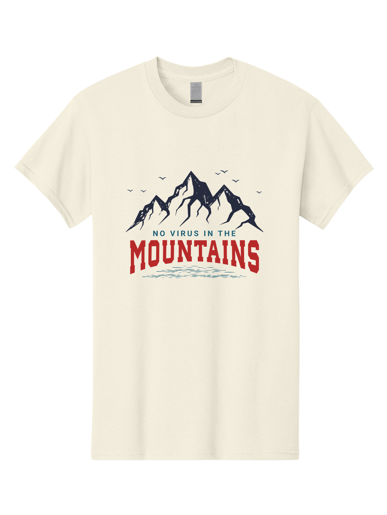 No-Virus-In-The-Mountains Men'S Graphic Tee, 100% Cotton, Comfortable Casual Summer Wear, Machine Washable, Mountain Landscape, Birds Flying, Lake Reflection, Inspiring Quote, Motivational Message, Serene Scenery, Outdoor Adventure, Aab912