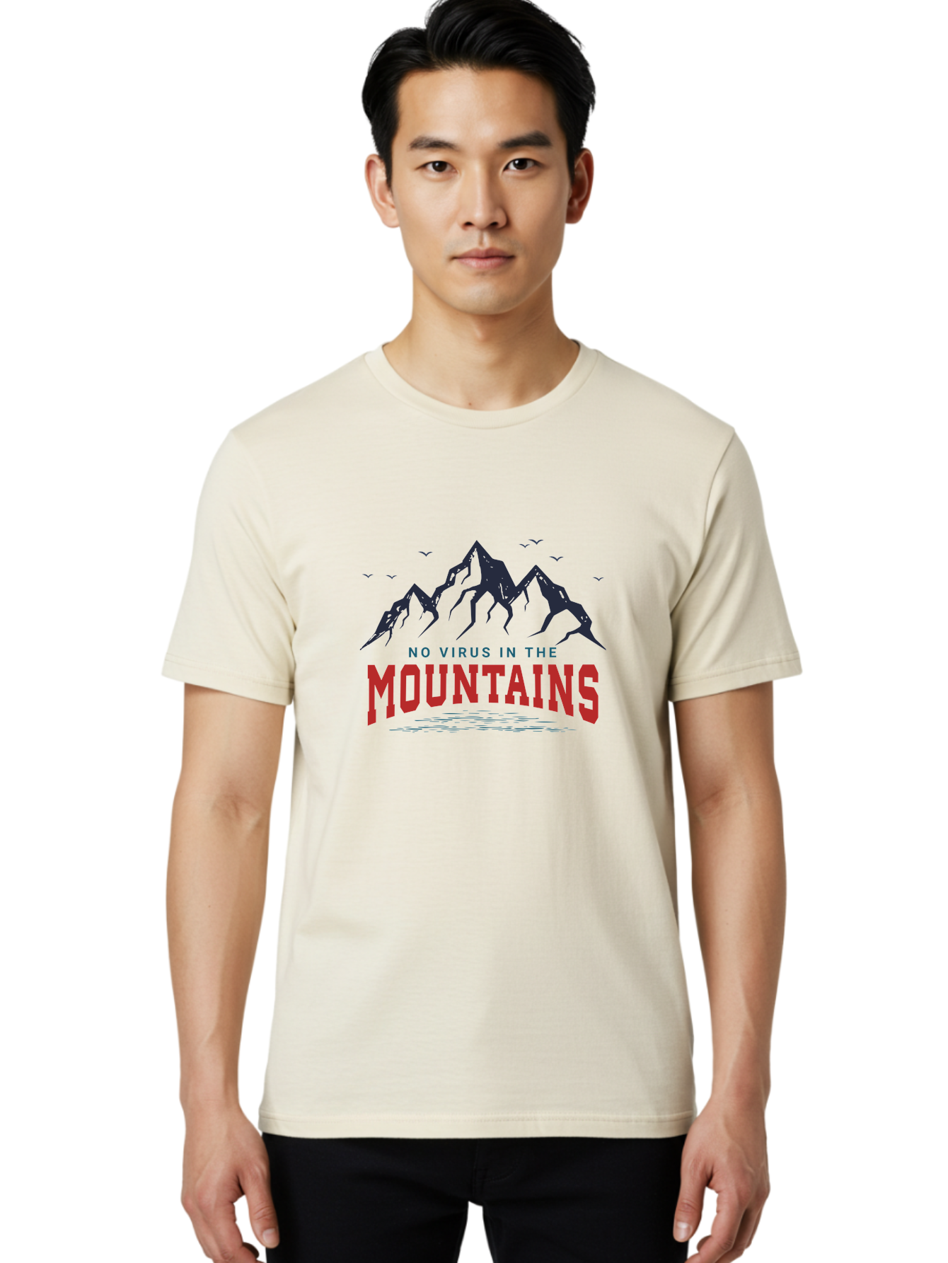 No-Virus-In-The-Mountains Men'S Graphic Tee, 100% Cotton, Comfortable Casual Summer Wear, Machine Washable, Mountain Landscape, Birds Flying, Lake Reflection, Inspiring Quote, Motivational Message, Serene Scenery, Outdoor Adventure, Aab912