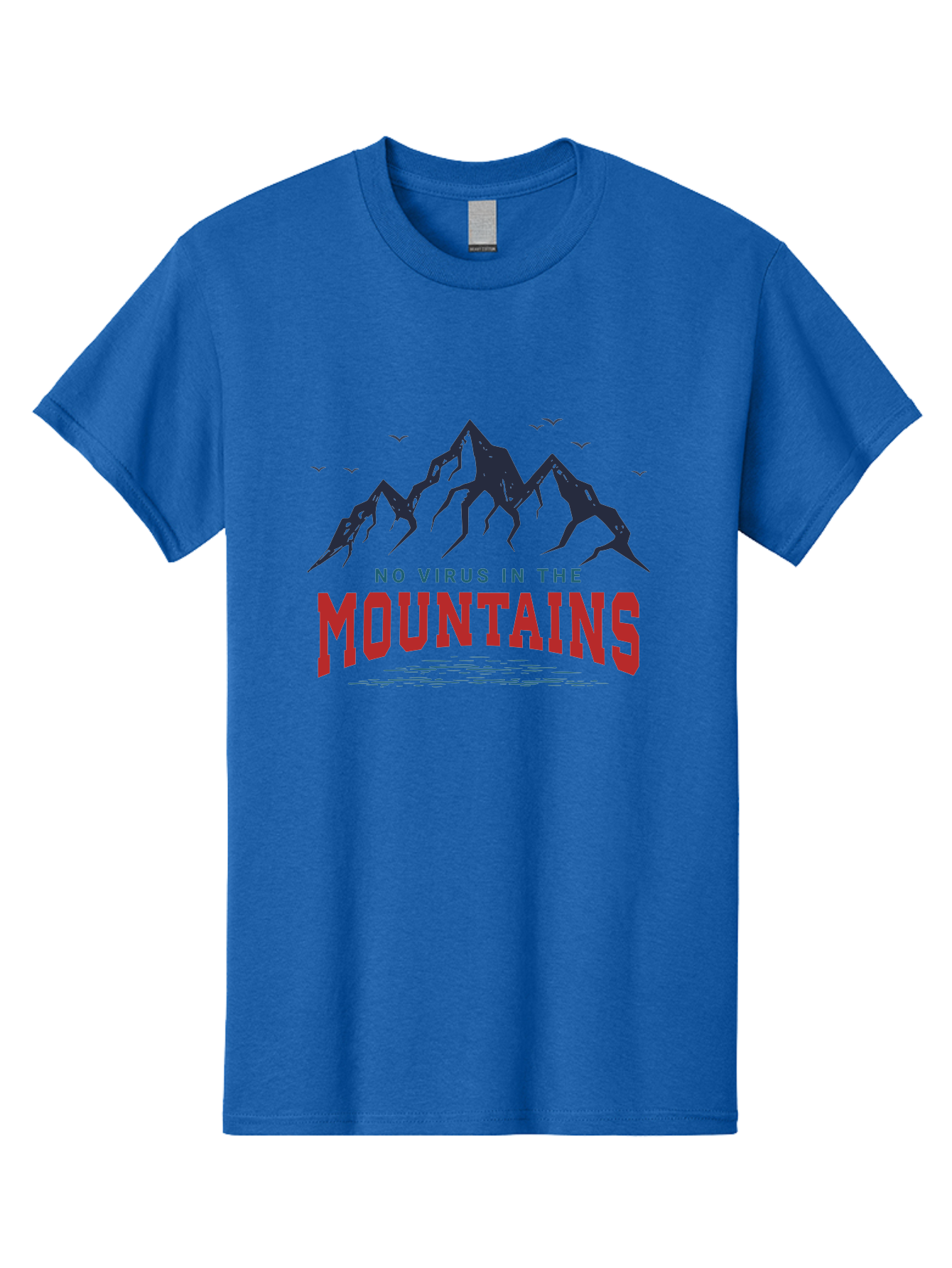 No-Virus-In-The-Mountains Men'S Graphic Tee, 100% Cotton, Comfortable Casual Summer Wear, Machine Washable, Mountain Landscape, Birds Flying, Lake Reflection, Inspiring Quote, Motivational Message, Serene Scenery, Outdoor Adventure, Aab912