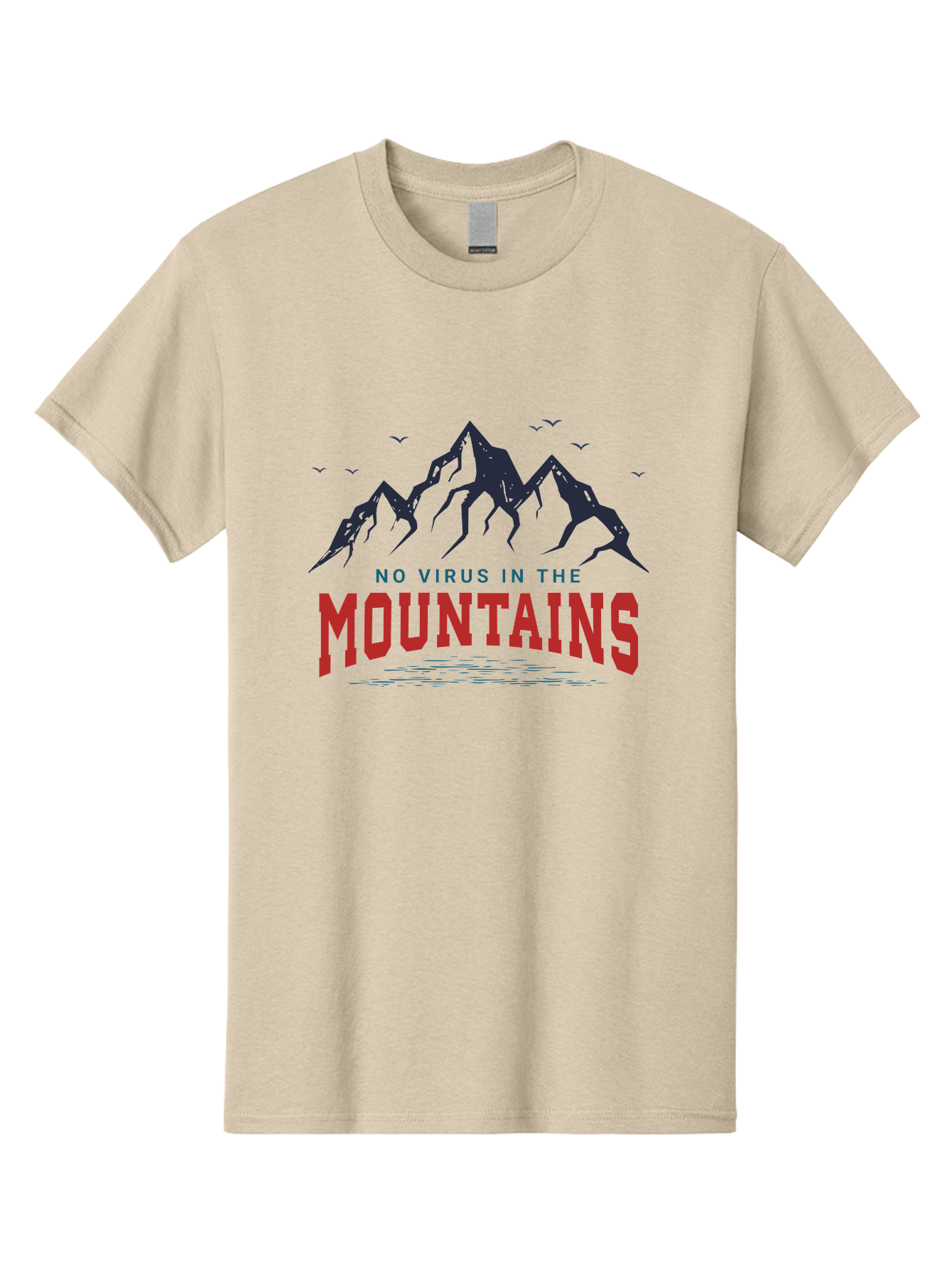 No-Virus-In-The-Mountains Men'S Graphic Tee, 100% Cotton, Comfortable Casual Summer Wear, Machine Washable, Mountain Landscape, Birds Flying, Lake Reflection, Inspiring Quote, Motivational Message, Serene Scenery, Outdoor Adventure, Aab912