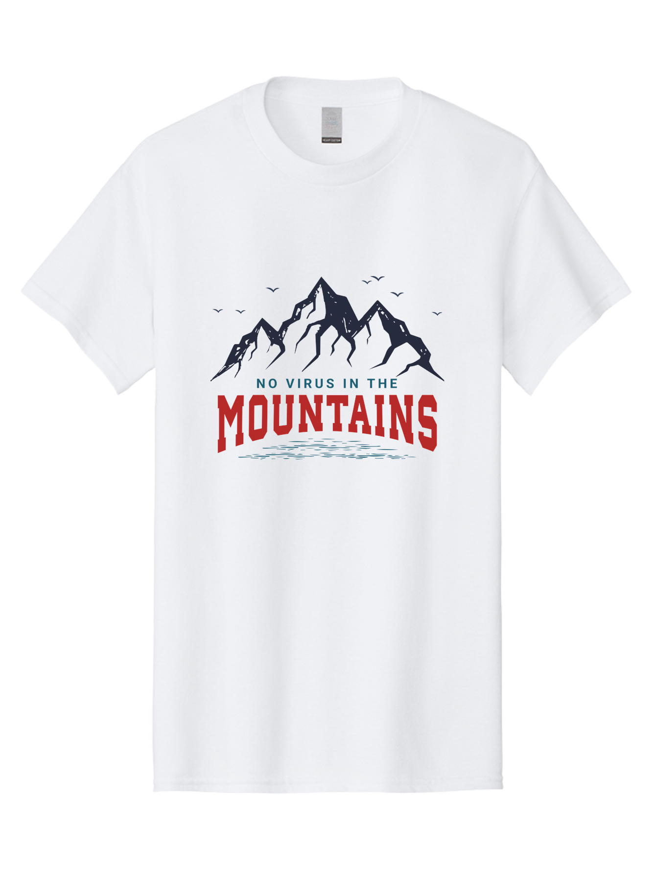 No-Virus-In-The-Mountains Men'S Graphic Tee, 100% Cotton, Comfortable Casual Summer Wear, Machine Washable, Mountain Landscape, Birds Flying, Lake Reflection, Inspiring Quote, Motivational Message, Serene Scenery, Outdoor Adventure, Aab912