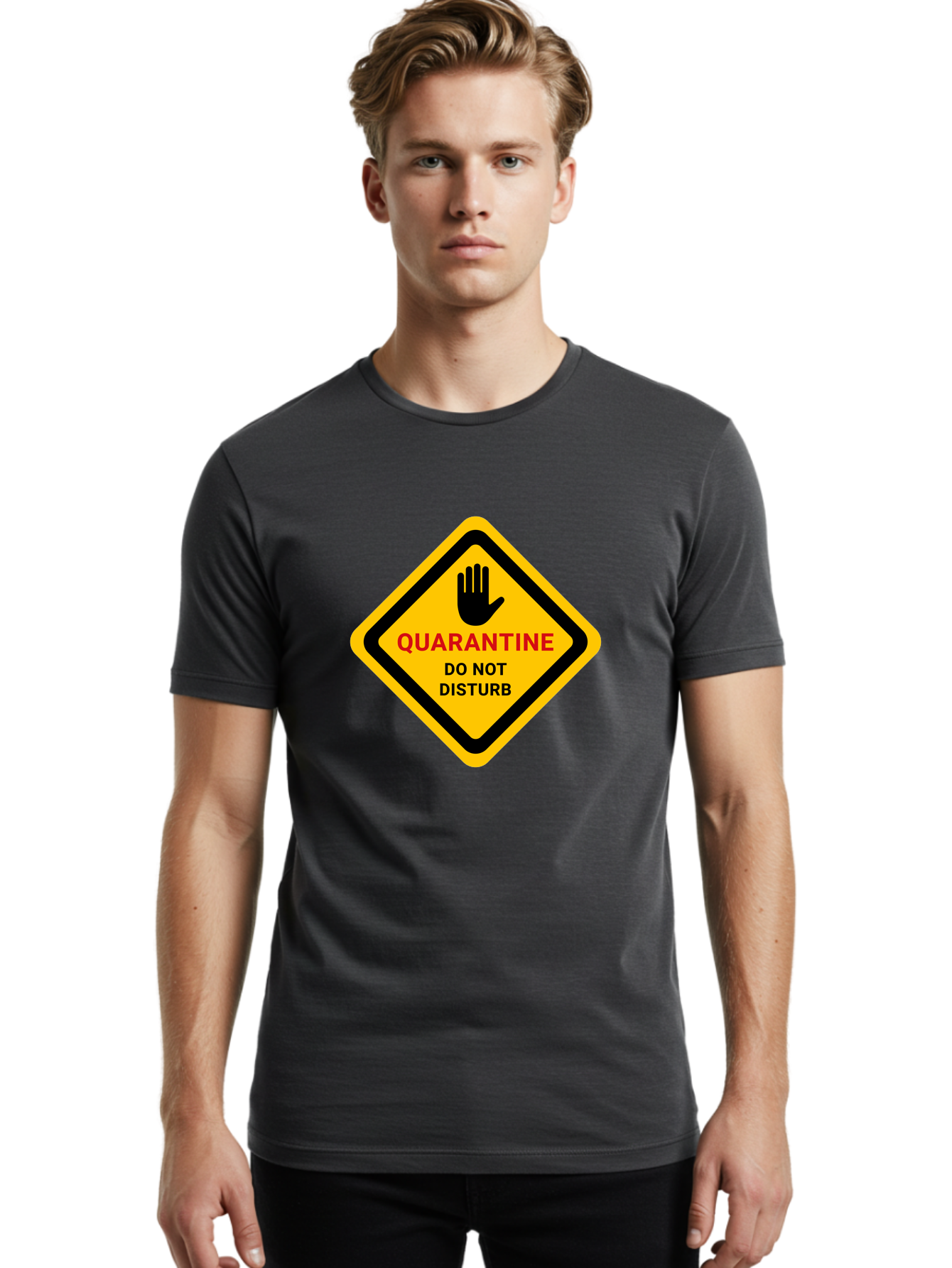 Quarantine-Warning-Sign Men'S Graphic Tee, 100% Cotton, Comfortable Casual Summer Wear, Machine Washable, Quarantine Sign, Warning Sign, Do Not Disturb, Hand Gesture, Caution Sign, Health Alert, Isolation Notice, Pandemic Warning Aab915