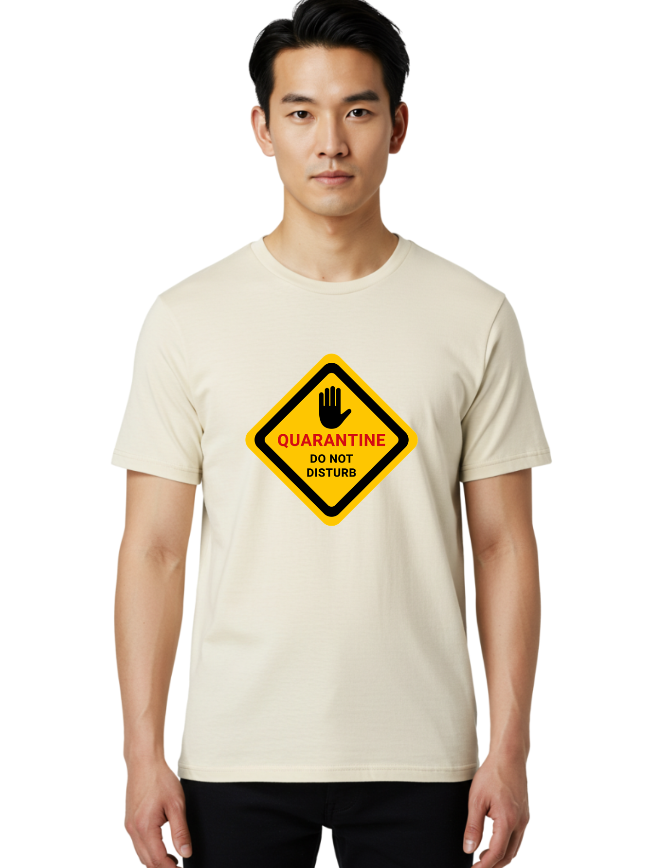 Quarantine-Warning-Sign Men'S Graphic Tee, 100% Cotton, Comfortable Casual Summer Wear, Machine Washable, Quarantine Sign, Warning Sign, Do Not Disturb, Hand Gesture, Caution Sign, Health Alert, Isolation Notice, Pandemic Warning Aab915