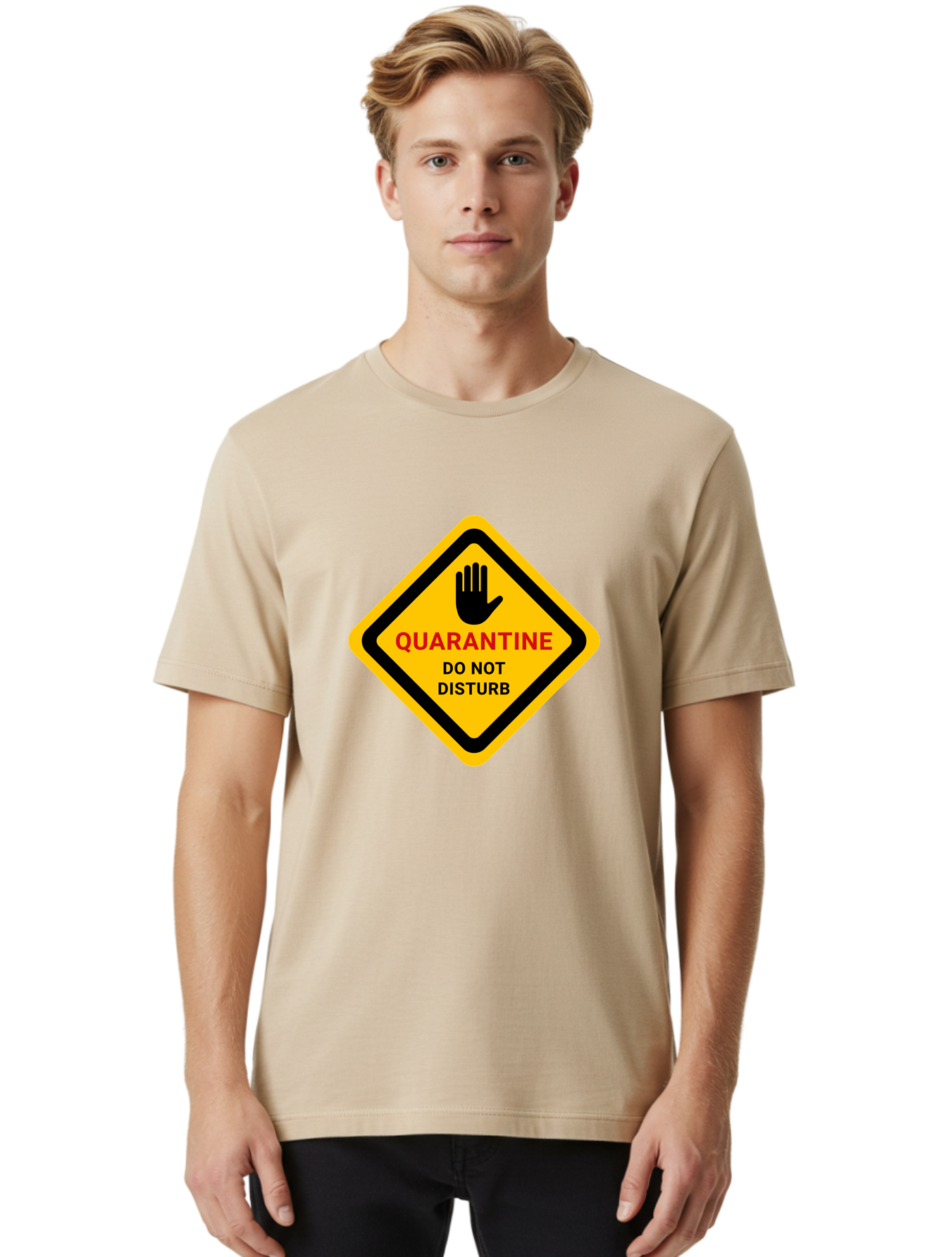 Quarantine-Warning-Sign Men'S Graphic Tee, 100% Cotton, Comfortable Casual Summer Wear, Machine Washable, Quarantine Sign, Warning Sign, Do Not Disturb, Hand Gesture, Caution Sign, Health Alert, Isolation Notice, Pandemic Warning Aab915