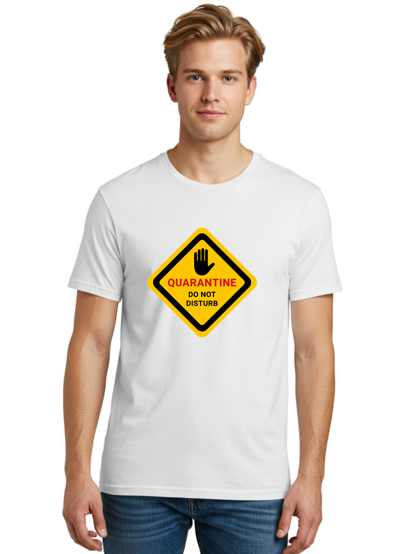 Quarantine-Warning-Sign Men'S Graphic Tee, 100% Cotton, Comfortable Casual Summer Wear, Machine Washable, Quarantine Sign, Warning Sign, Do Not Disturb, Hand Gesture, Caution Sign, Health Alert, Isolation Notice, Pandemic Warning Aab915