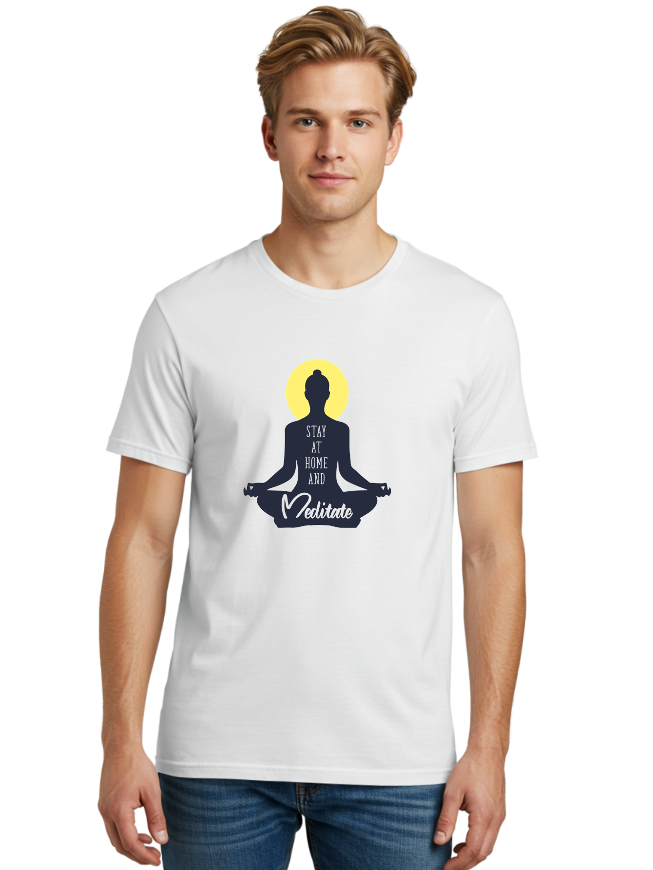 Stay-At-Home-And-Meditate Men'S Graphic Tee, 100% Cotton, Comfortable Casual Summer Wear, Machine Washable, Meditation Practice, Yoga Pose, Mindfulness, Inner Peace, Relaxation, Staying Home, Calm Atmosphere, Lotus Position, Serene Mood, Aab921