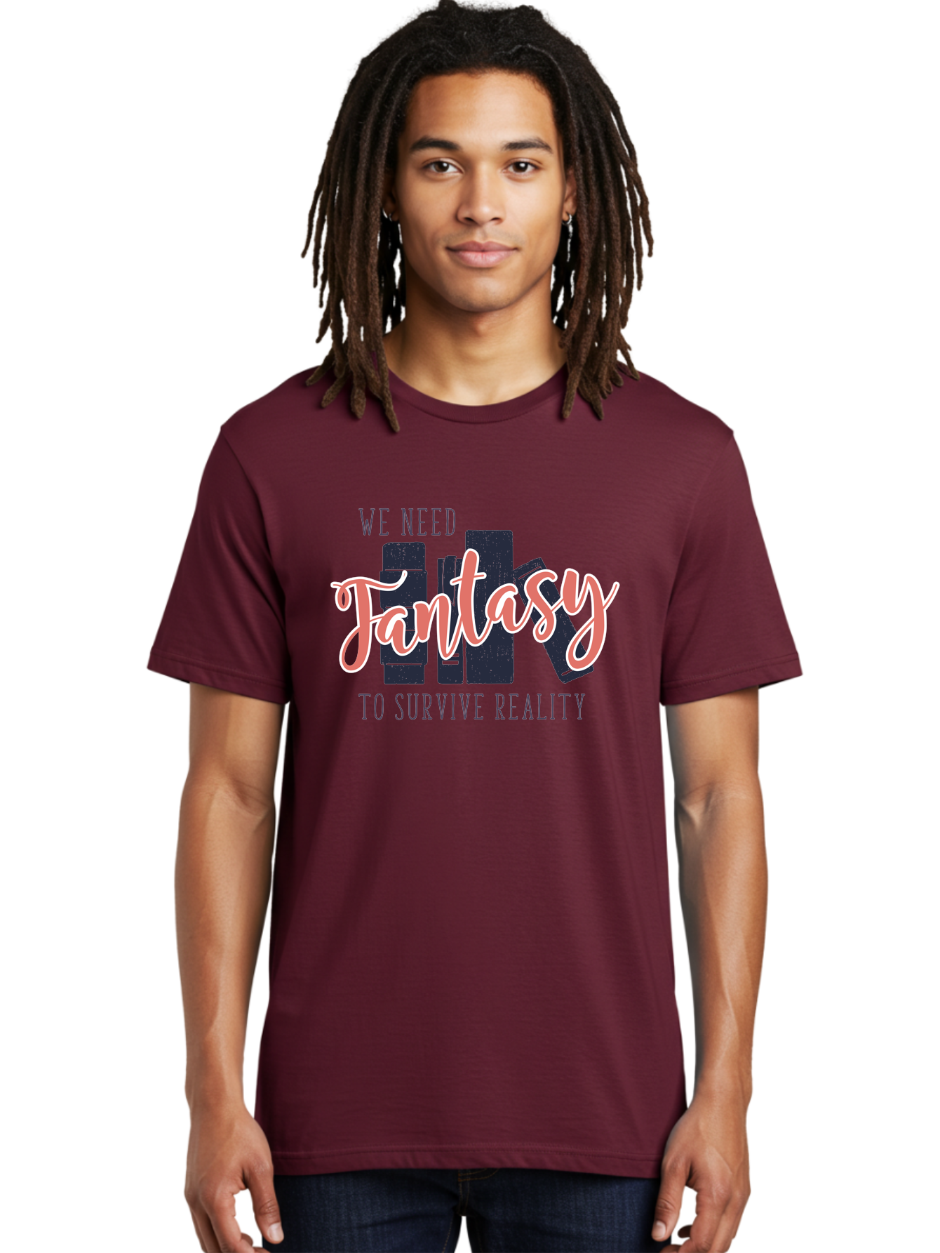 We-Need-Fantasy-To-Survive-Reality Men'S Graphic Tee, 100% Cotton, Comfortable Casual Summer Wear, Machine Washable, Fantasy Books, Book Lovers, Escapism, Fiction Novels, Imaginative Worlds, Inspirational Quotes, Literary Art Aab925