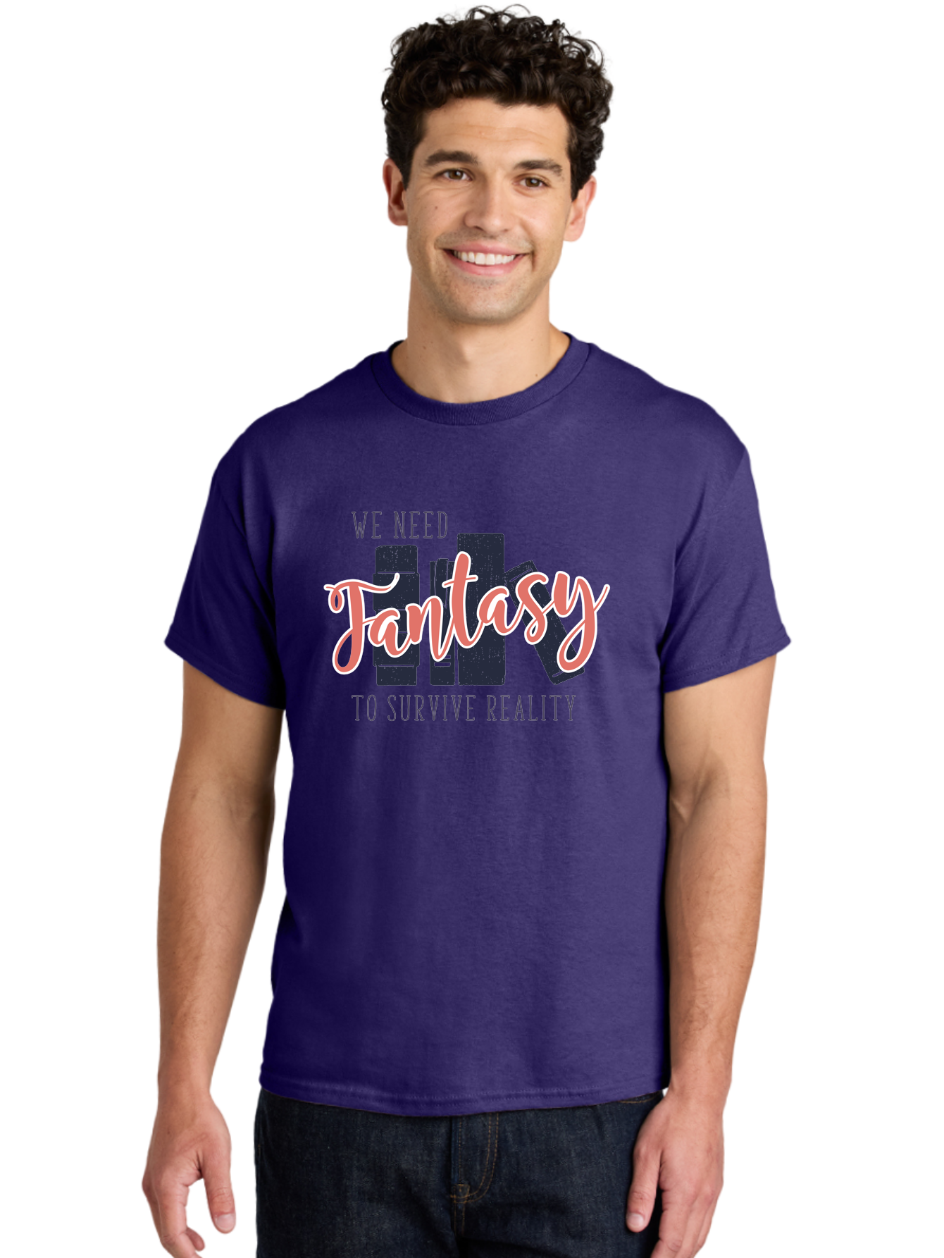 We-Need-Fantasy-To-Survive-Reality Men'S Graphic Tee, 100% Cotton, Comfortable Casual Summer Wear, Machine Washable, Fantasy Books, Book Lovers, Escapism, Fiction Novels, Imaginative Worlds, Inspirational Quotes, Literary Art Aab925