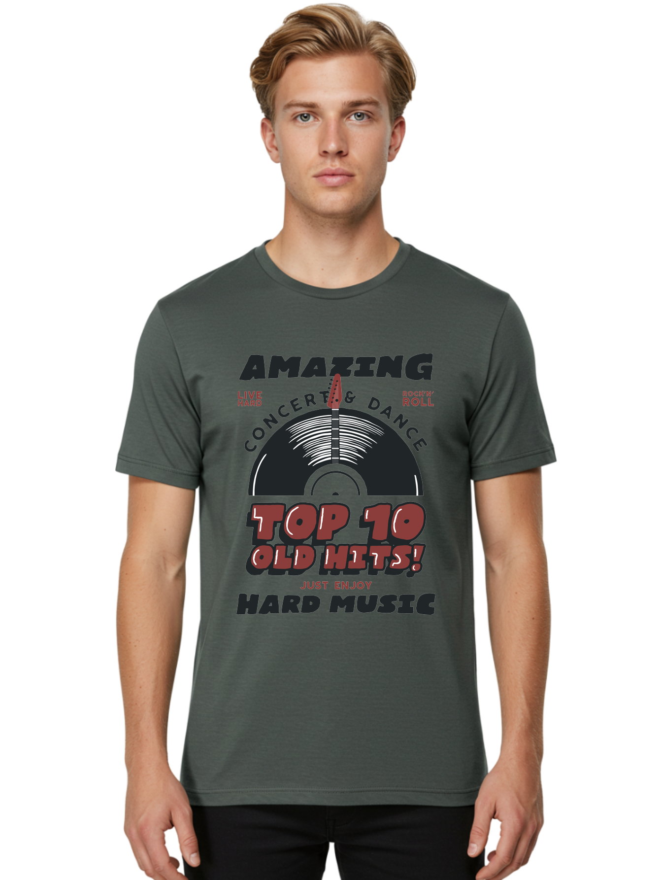 Amazing-Concert-Dance Men'S Graphic Tee, 100% Cotton, Comfortable Casual Summer Wear, Machine Washable, Rock And Roll Concert, Top 10 Old Hits, Live Hard, Hard Music, Vintage Records, Concert And Dance, Just Enjoy Aab928