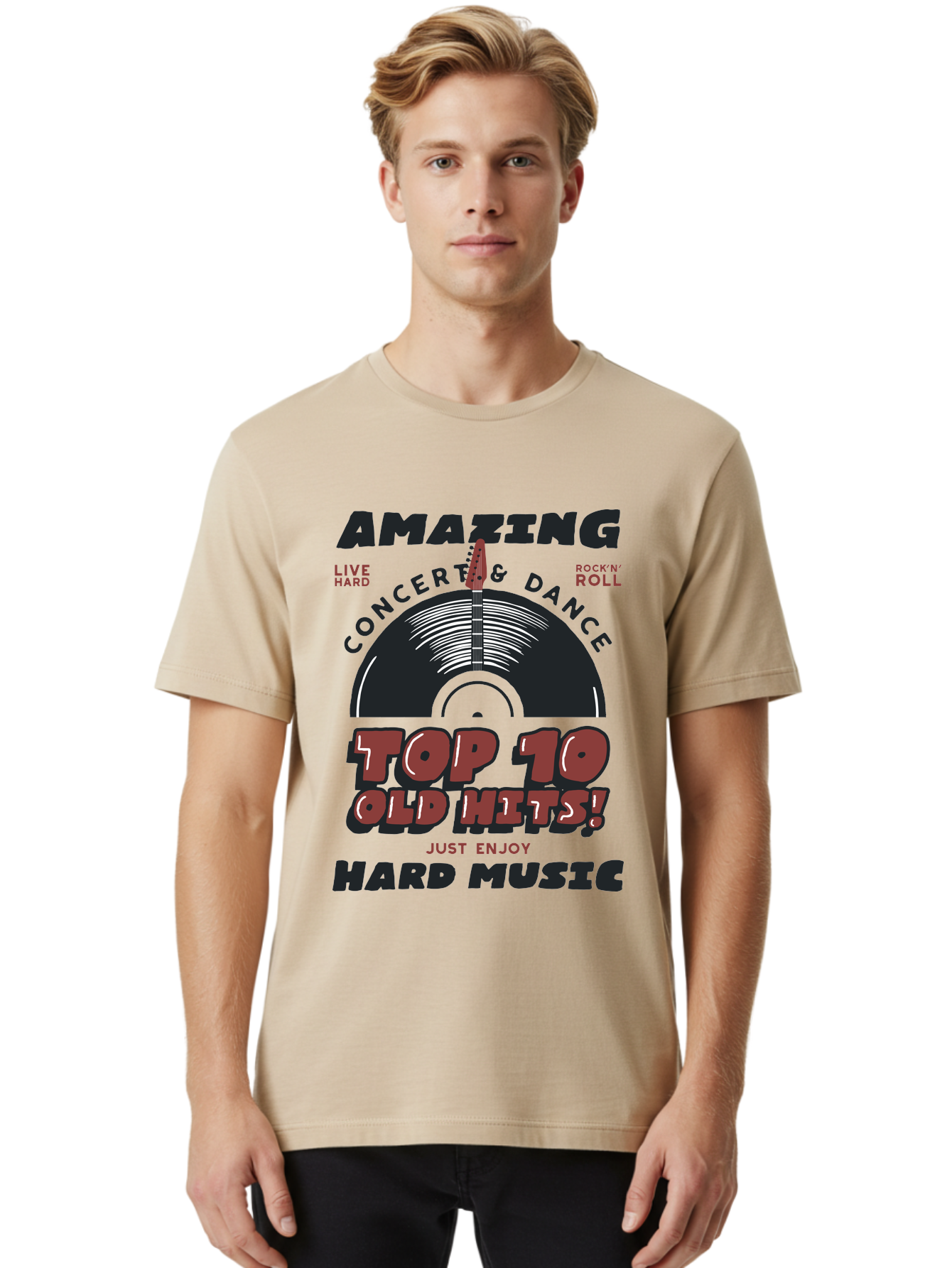 Amazing-Concert-Dance Men'S Graphic Tee, 100% Cotton, Comfortable Casual Summer Wear, Machine Washable, Rock And Roll Concert, Top 10 Old Hits, Live Hard, Hard Music, Vintage Records, Concert And Dance, Just Enjoy Aab928