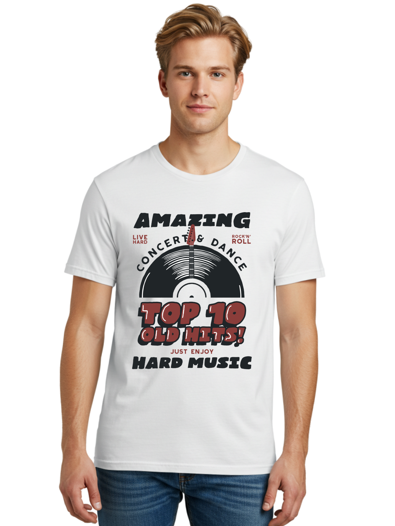 Amazing-Concert-Dance Men'S Graphic Tee, 100% Cotton, Comfortable Casual Summer Wear, Machine Washable, Rock And Roll Concert, Top 10 Old Hits, Live Hard, Hard Music, Vintage Records, Concert And Dance, Just Enjoy Aab928