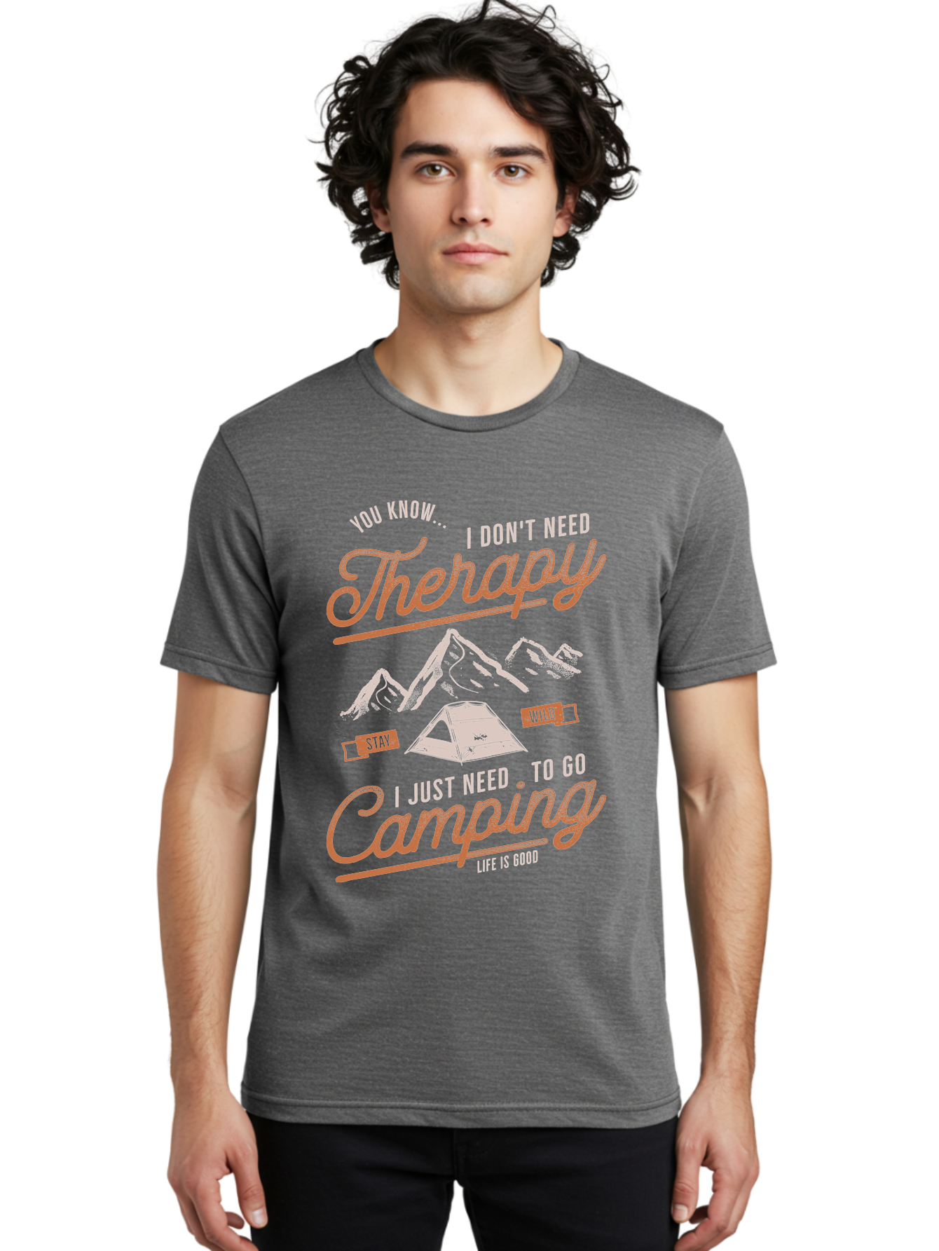 Camping-Therapy-1 Men'S Graphic Tee, 100% Cotton, Comfortable Casual Summer Wear, Machine Washable, Camping Therapy, Outdoor Adventure, Nature Escape, Mountains, Tent, Relaxation, Stress Relief, Wellness, Adventure Seeking, Inspirational Quote Aab930