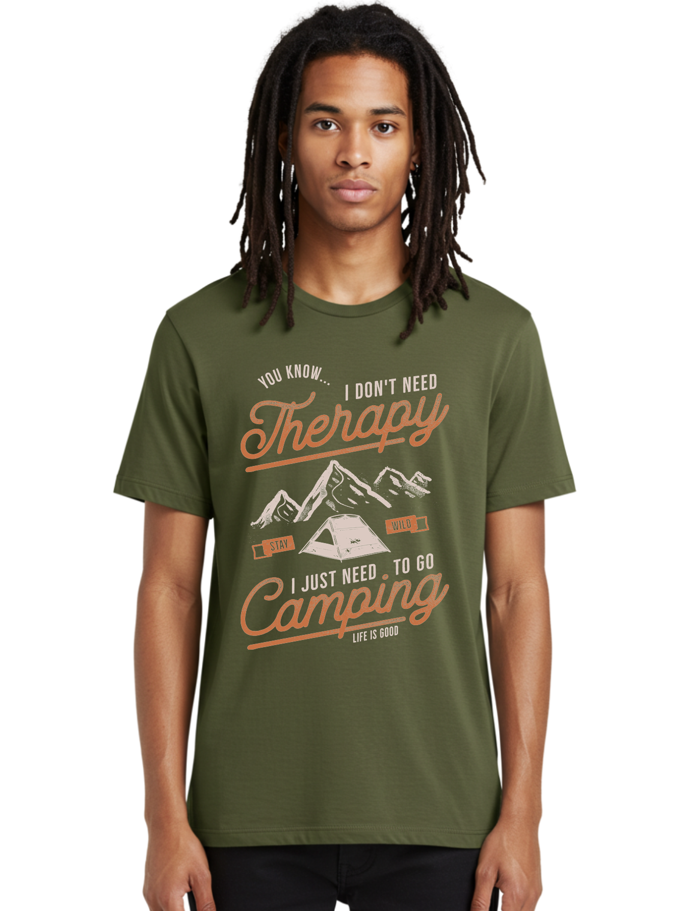 Camping-Therapy-1 Men'S Graphic Tee, 100% Cotton, Comfortable Casual Summer Wear, Machine Washable, Camping Therapy, Outdoor Adventure, Nature Escape, Mountains, Tent, Relaxation, Stress Relief, Wellness, Adventure Seeking, Inspirational Quote Aab930