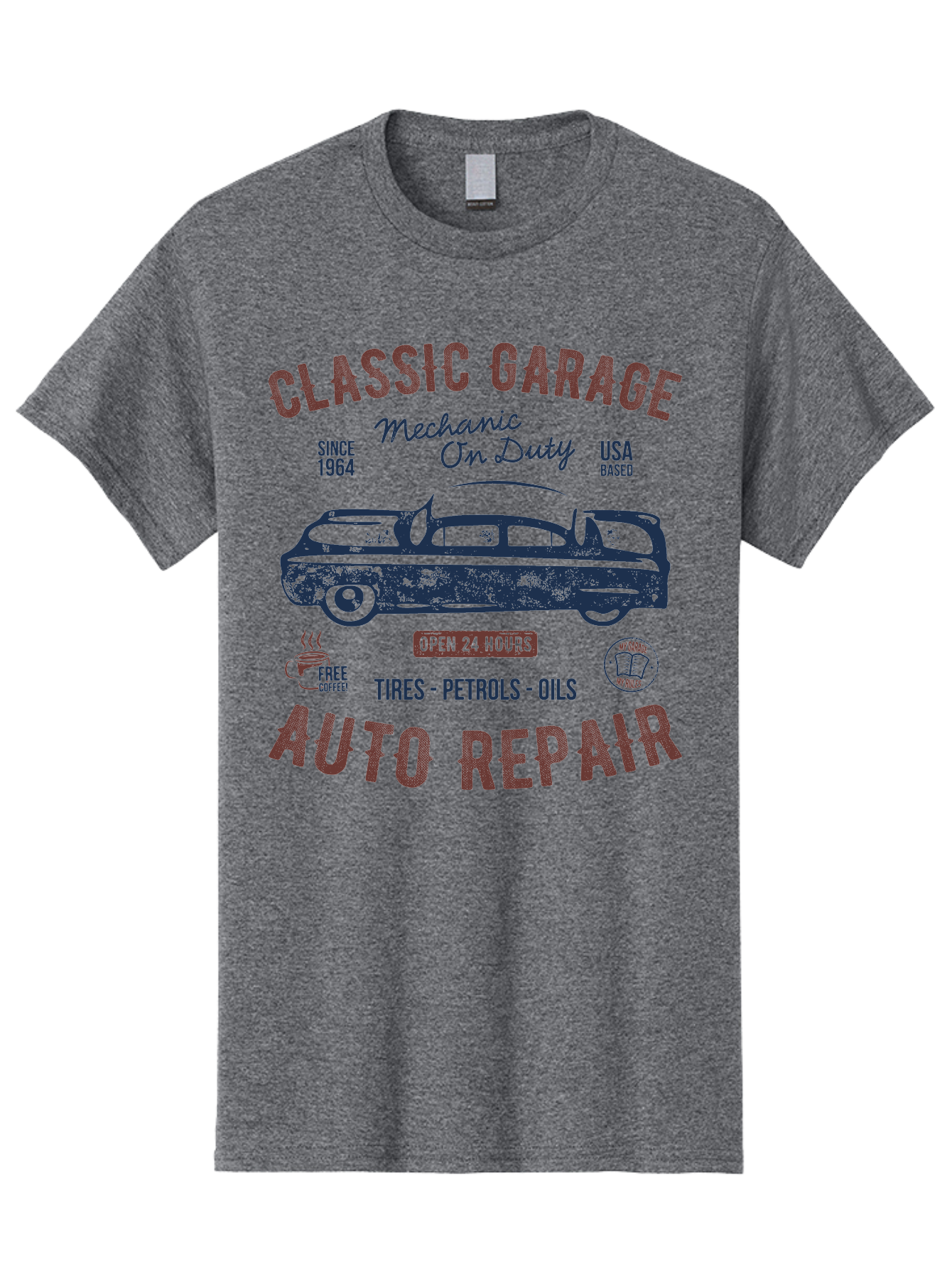 Classic-Garage-Auto-Repair Men'S Graphic Tee, 100% Cotton, Comfortable Casual Summer Wear, Machine Washable, Classic Car, Garage Services, 24-Hour Auto Repair, Mechanic On Duty, Tires, Petrols, Oils, Free Coffee, Usa-Based, Auto Repair Shop, Aab932