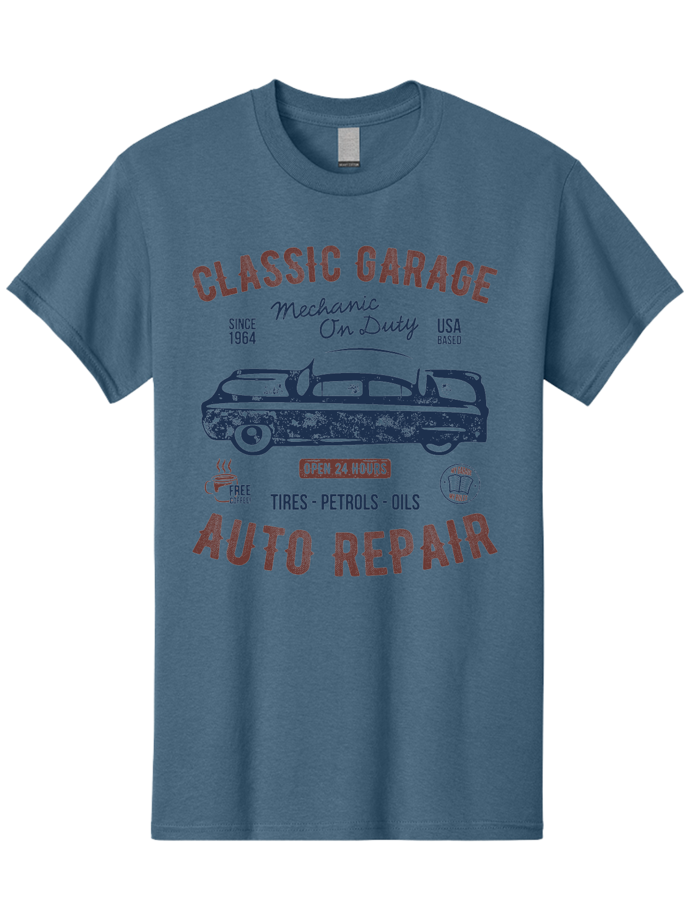Classic-Garage-Auto-Repair Men'S Graphic Tee, 100% Cotton, Comfortable Casual Summer Wear, Machine Washable, Classic Car, Garage Services, 24-Hour Auto Repair, Mechanic On Duty, Tires, Petrols, Oils, Free Coffee, Usa-Based, Auto Repair Shop, Aab932