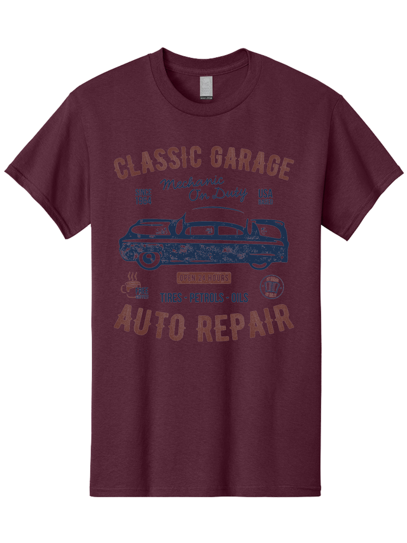 Classic-Garage-Auto-Repair Men'S Graphic Tee, 100% Cotton, Comfortable Casual Summer Wear, Machine Washable, Classic Car, Garage Services, 24-Hour Auto Repair, Mechanic On Duty, Tires, Petrols, Oils, Free Coffee, Usa-Based, Auto Repair Shop, Aab932