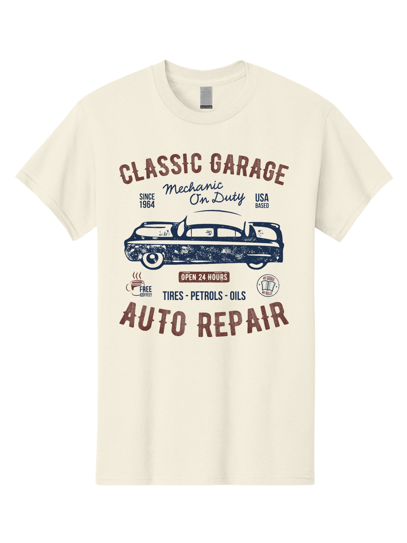 Classic-Garage-Auto-Repair Men'S Graphic Tee, 100% Cotton, Comfortable Casual Summer Wear, Machine Washable, Classic Car, Garage Services, 24-Hour Auto Repair, Mechanic On Duty, Tires, Petrols, Oils, Free Coffee, Usa-Based, Auto Repair Shop, Aab932