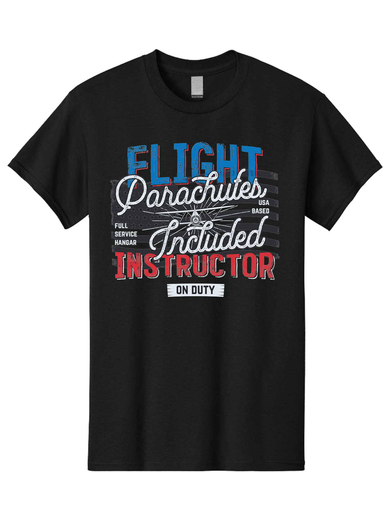 Flight-Parachutes-Included-Instructor Men'S Graphic Tee, 100% Cotton, Comfortable Casual Summer Wear, Machine Washable, Parachute Instructor, Usa Based, Full Service Hangar, On Duty, Flight Training, Parachute Lessons, Skydiving Instructor, Aab934