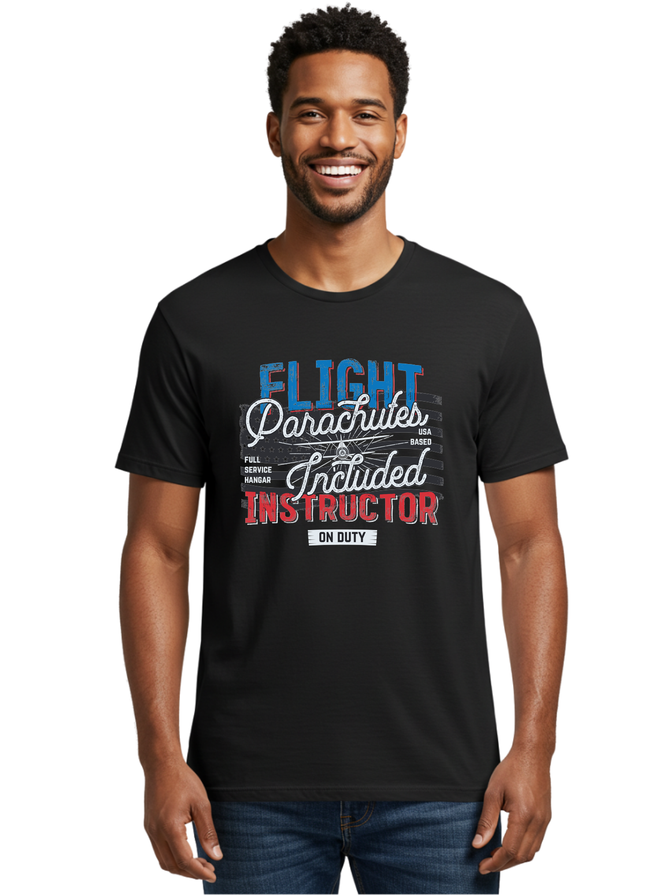 Flight-Parachutes-Included-Instructor Men'S Graphic Tee, 100% Cotton, Comfortable Casual Summer Wear, Machine Washable, Parachute Instructor, Usa Based, Full Service Hangar, On Duty, Flight Training, Parachute Lessons, Skydiving Instructor, Aab934