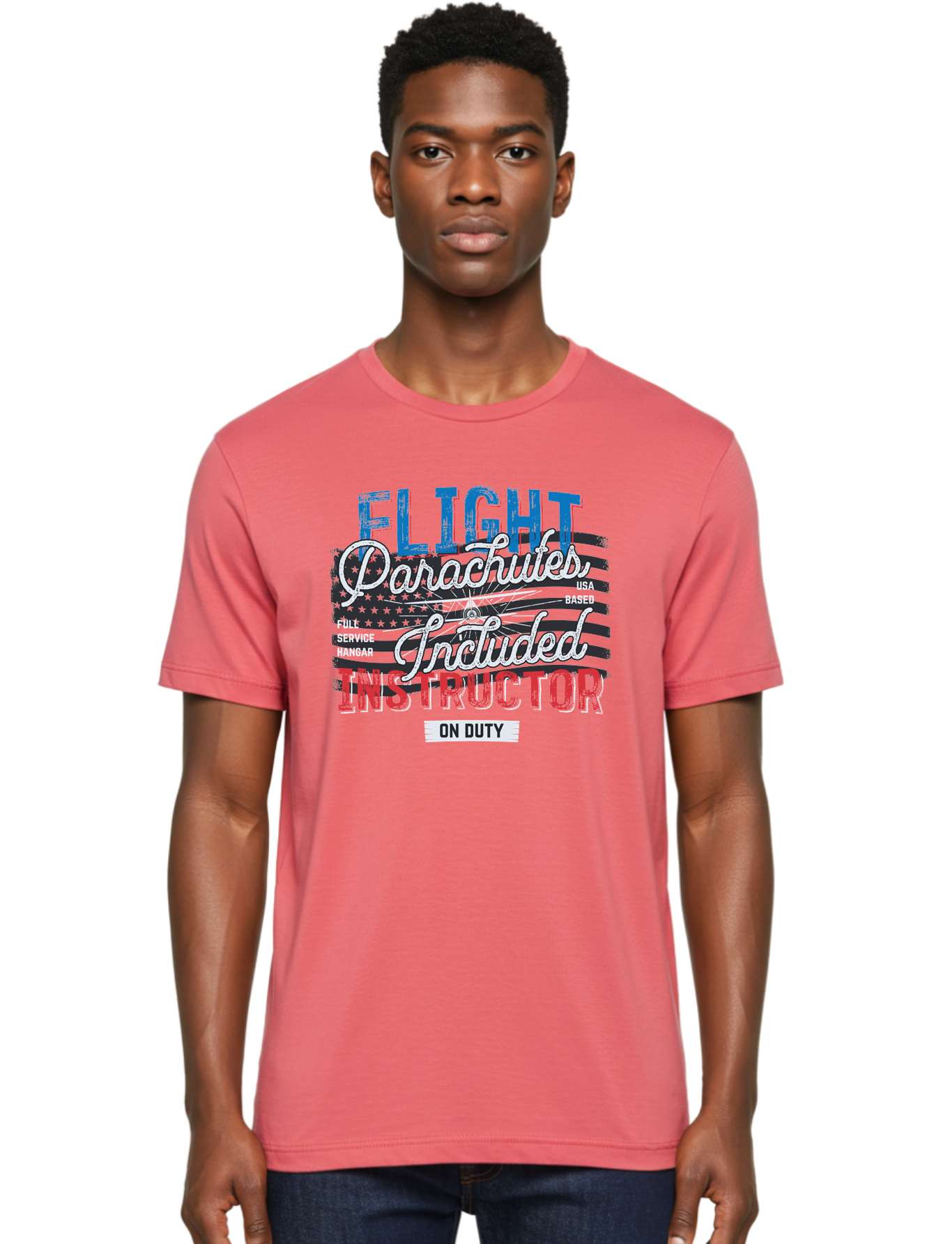 Flight-Parachutes-Included-Instructor Men'S Graphic Tee, 100% Cotton, Comfortable Casual Summer Wear, Machine Washable, Parachute Instructor, Usa Based, Full Service Hangar, On Duty, Flight Training, Parachute Lessons, Skydiving Instructor, Aab934