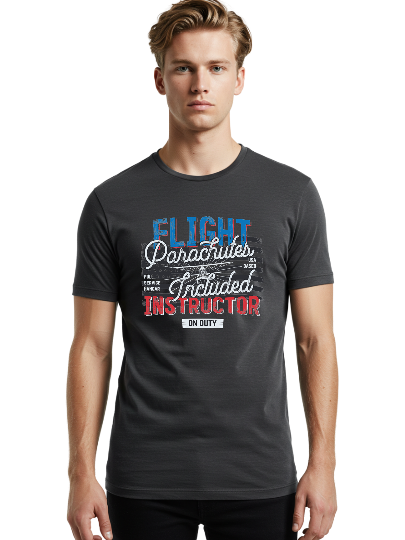 Flight-Parachutes-Included-Instructor Men'S Graphic Tee, 100% Cotton, Comfortable Casual Summer Wear, Machine Washable, Parachute Instructor, Usa Based, Full Service Hangar, On Duty, Flight Training, Parachute Lessons, Skydiving Instructor, Aab934